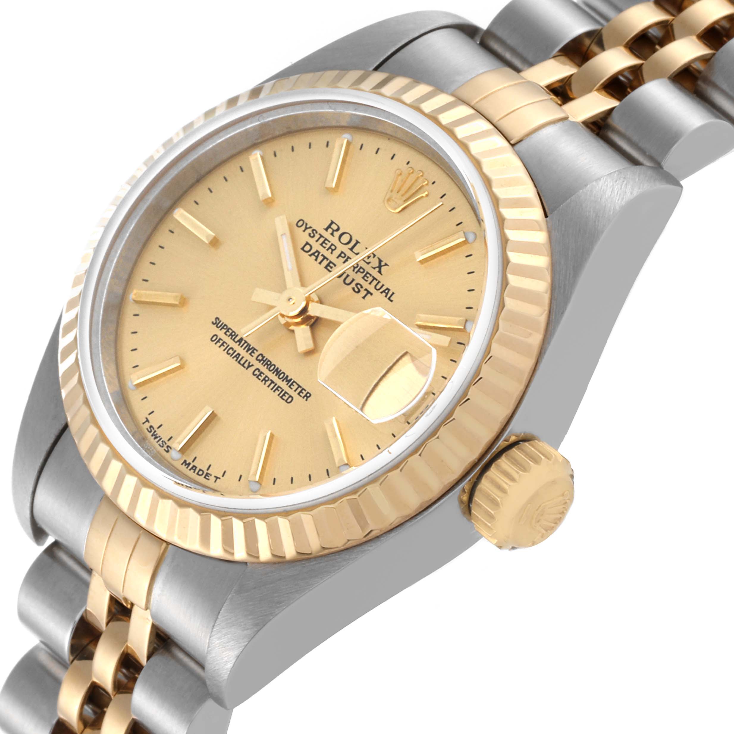 The image shows a close-up, angled view of the Rolex Datejust 79173 Women's Steel and Gold (two tone) Champagne Dial 79173 Women's Steel and Gold (two tone) Champagne Dial watch, focusing on the face, bezel, and part of the bracelet.