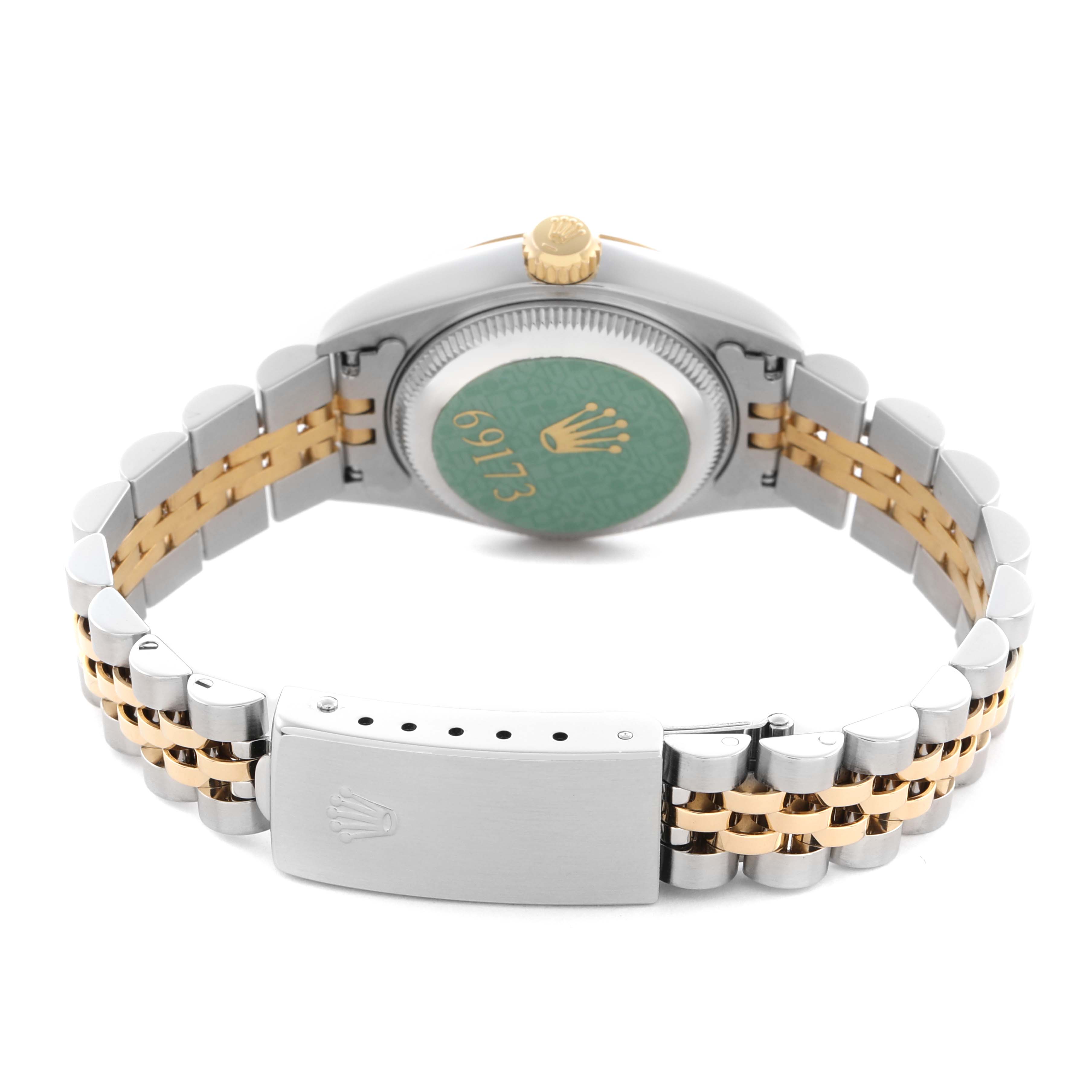 The image shows the back of the Rolex Datejust 69173 Women's Steel and Gold (two tone) Champagne Dial 69173 Women's Steel and Gold (two tone) Champagne Dial watch, focusing on the case back, bracelet, and clasp.