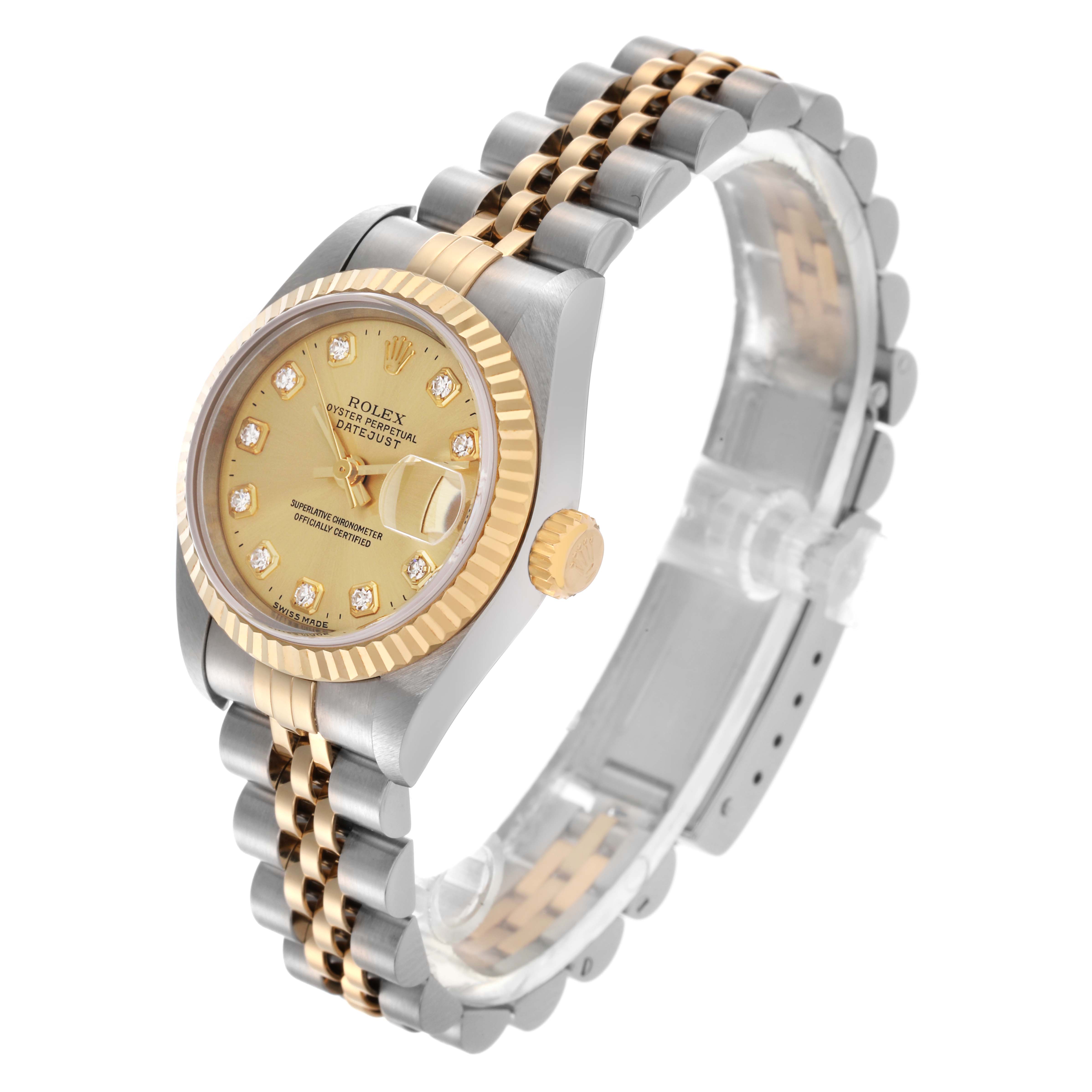 The Rolex Datejust 69173 Women's Steel and Gold (two tone) Champagne Dial 69173 Women's Steel and Gold (two tone) Champagne Dial watch is shown from an angled side view, highlighting the case, bracelet, and dial with a fluted bezel.