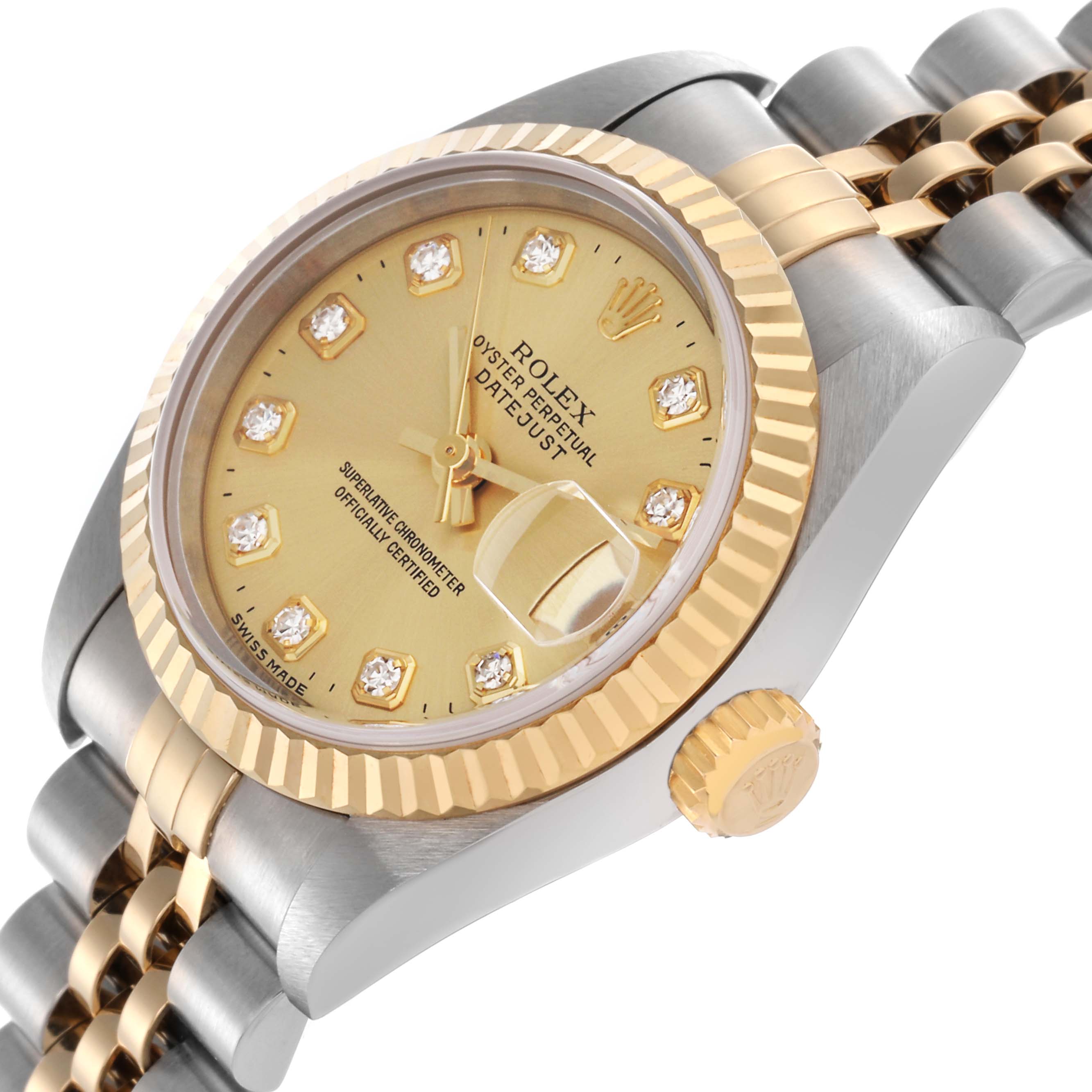 The Rolex Datejust 69173 Women's Steel and Gold (two tone) Champagne Dial 69173 Women's Steel and Gold (two tone) Champagne Dial watch is shown from a side angle highlighting the face, fluted bezel, crown, and bracelet.