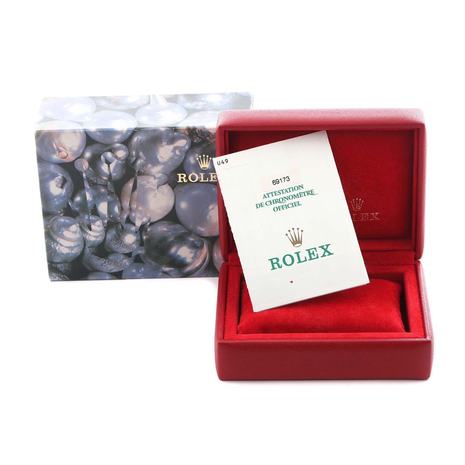 The image shows a Rolex Datejust 69173 Women's Steel and Gold (two tone) Champagne Dial 69173 Women's Steel and Gold (two tone) Champagne Dial box and authentication card angled to display the open case and packaging details.