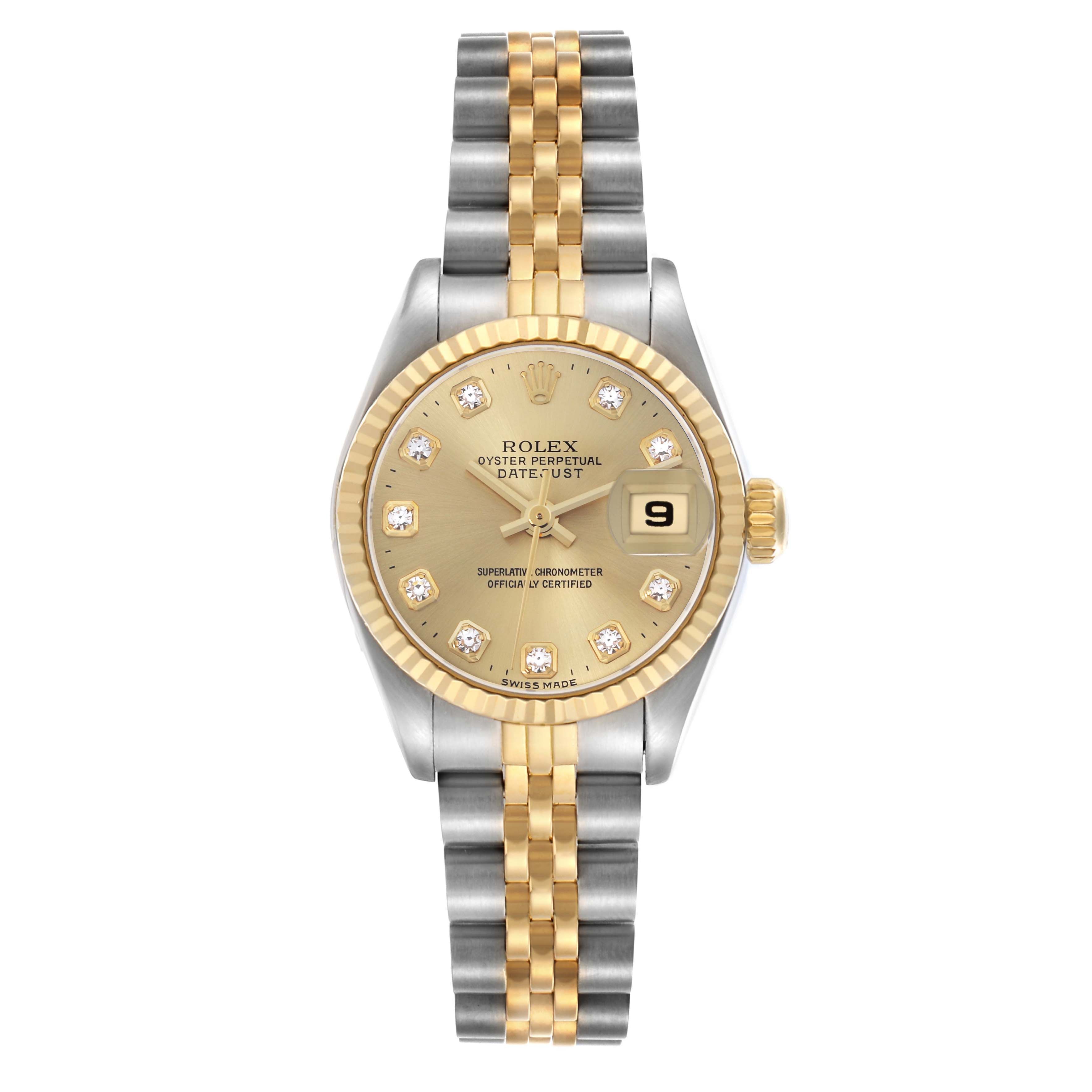 The Rolex Datejust 69173 Women's Steel and Gold (two tone) Champagne Dial 69173 Women's Steel and Gold (two tone) Champagne Dial watch is shown from a top-down angle, displaying its face, bezel, and bracelet.