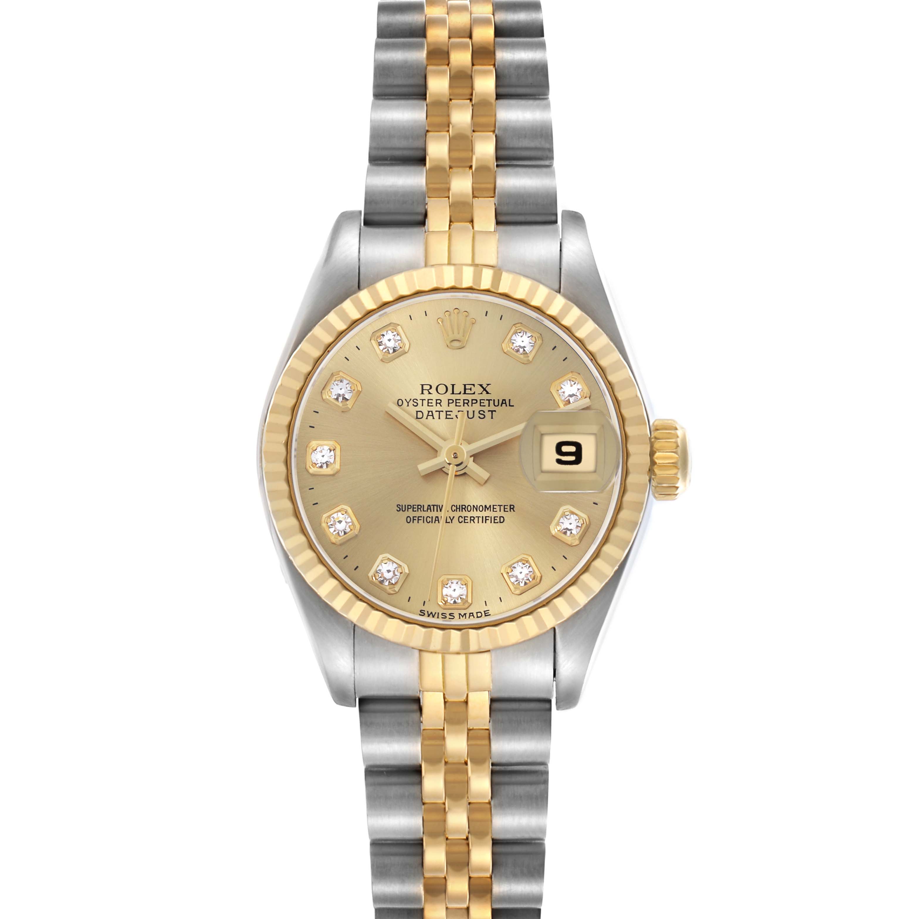 The Rolex Datejust 69173 Women's Steel and Gold (two tone) Champagne Dial 69173 Women's Steel and Gold (two tone) Champagne Dial watch is shown from a front angle, featuring a two-tone bracelet and a gold dial with diamond hour markers.