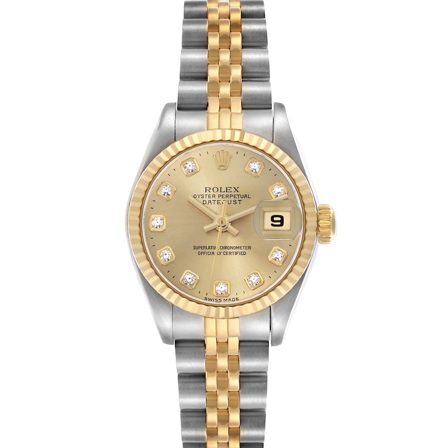The Rolex Datejust watch is shown from a front angle, featuring a two-tone bracelet and a gold dial with diamond hour markers.