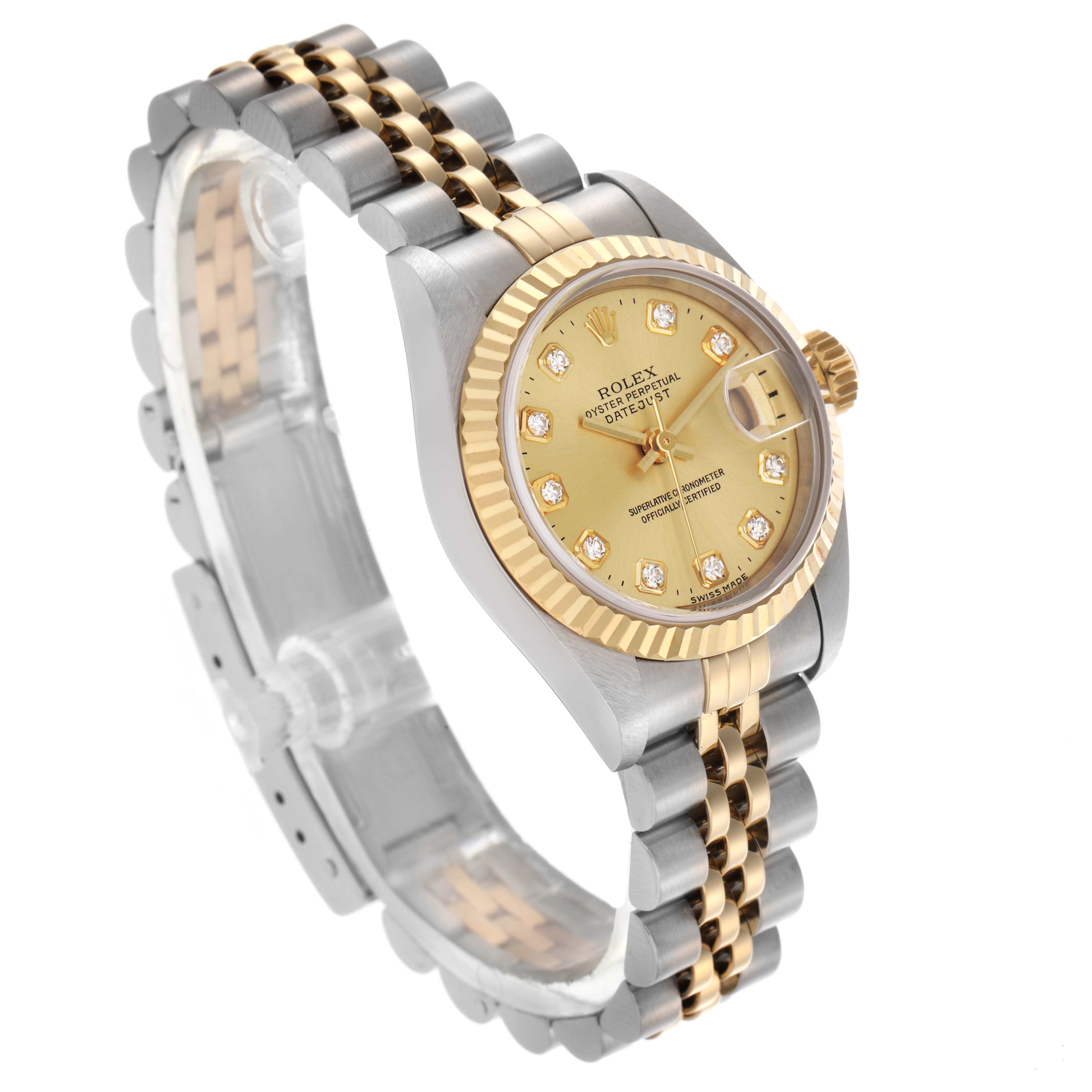The Rolex Datejust 69173 Women's Steel and Gold (two tone) Champagne Dial 69173 Women's Steel and Gold (two tone) Champagne Dial watch is displayed at an angle highlighting the dial, fluted bezel, and jubilee bracelet.