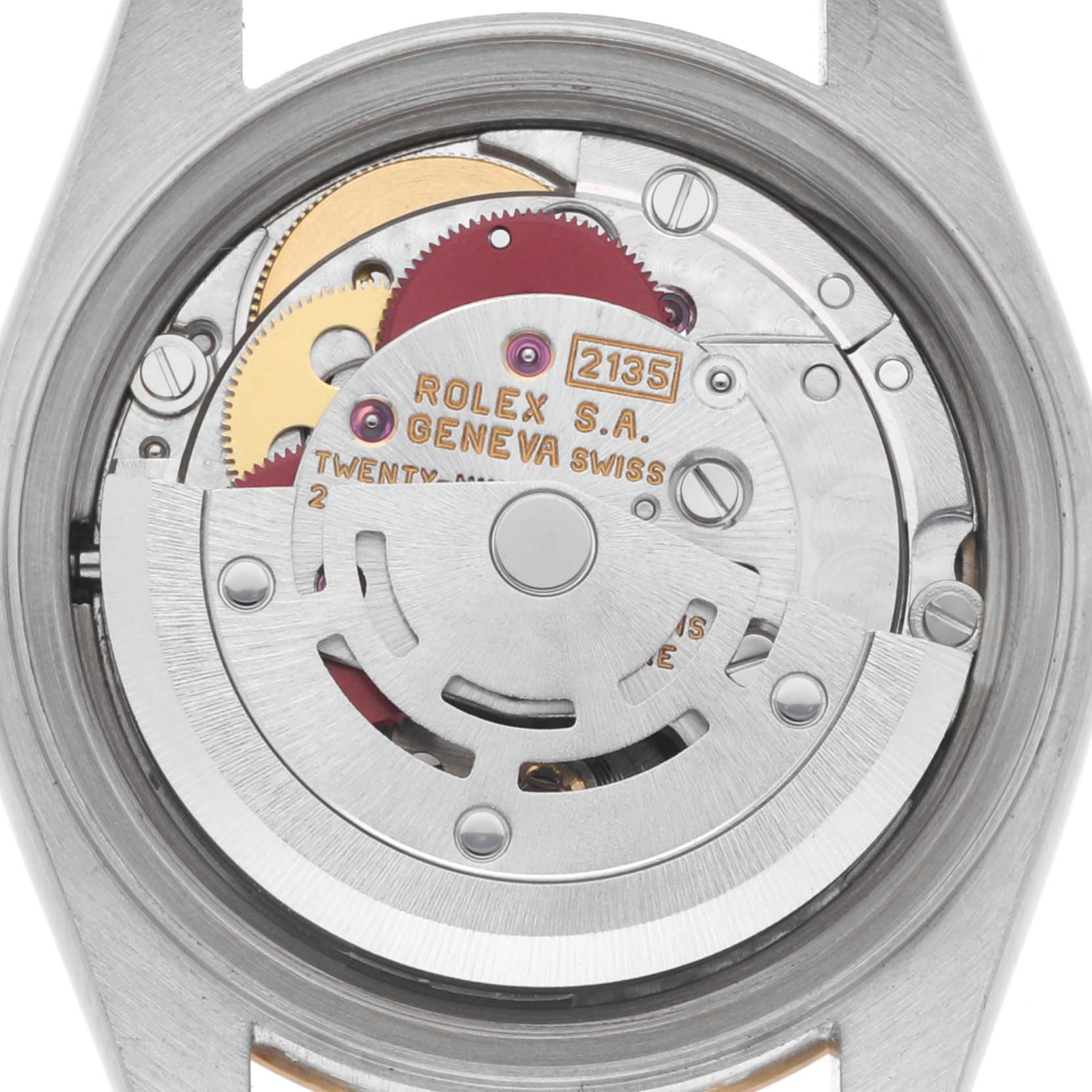 The image shows the Rolex Datejust 69173 Women's Steel and Gold (two tone) Champagne Dial 69173 Women's Steel and Gold (two tone) Champagne Dial's movement from the back, highlighting the rotor and gears.