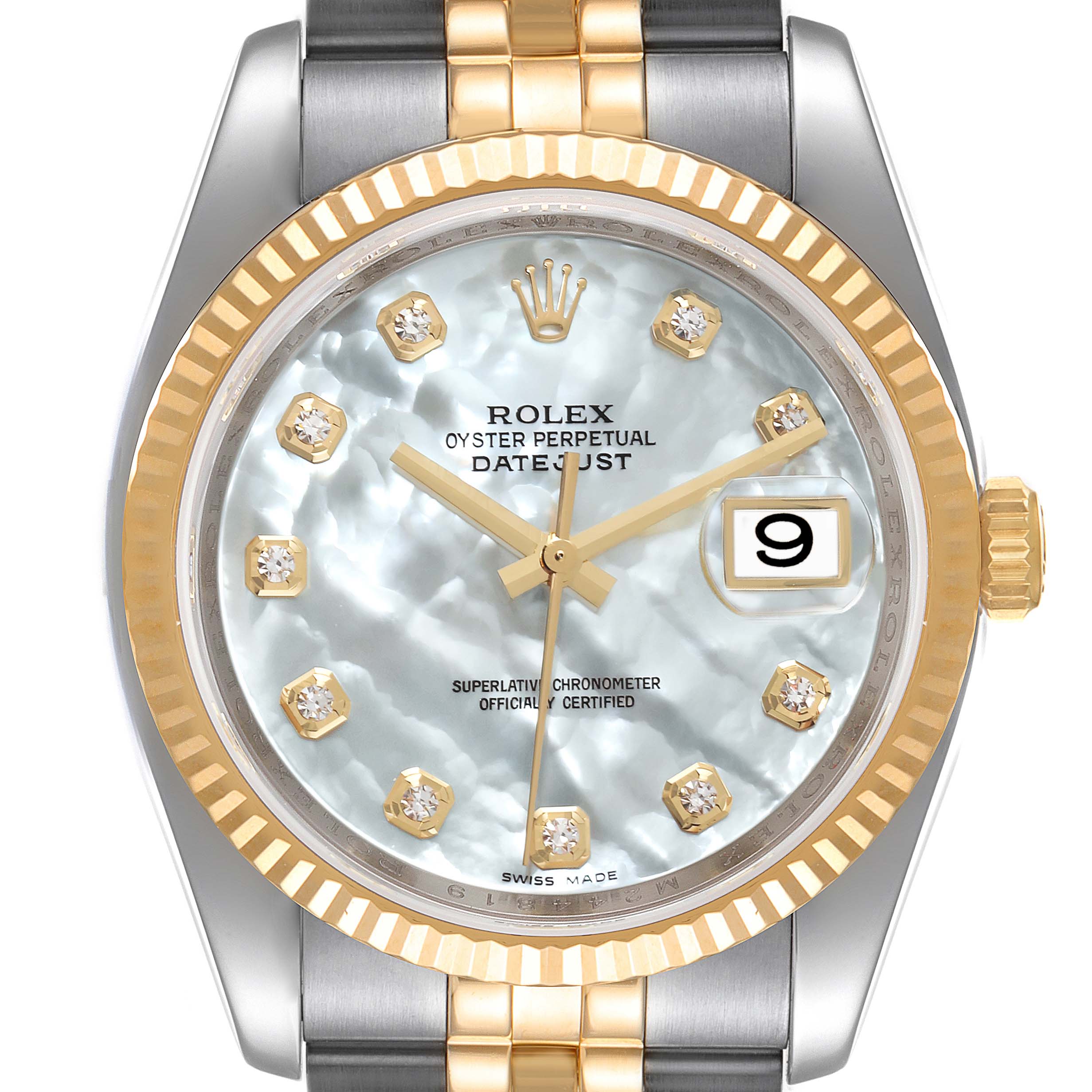 This image shows a Rolex Datejust 116233 Men's Steel and Gold (two tone) Mother of Pearl Dial 116233 Men's Steel and Gold (two tone) Mother of Pearl Dial watch from a straight-on angle, focusing on its dial, hands, bezel, and part of the bracelet.