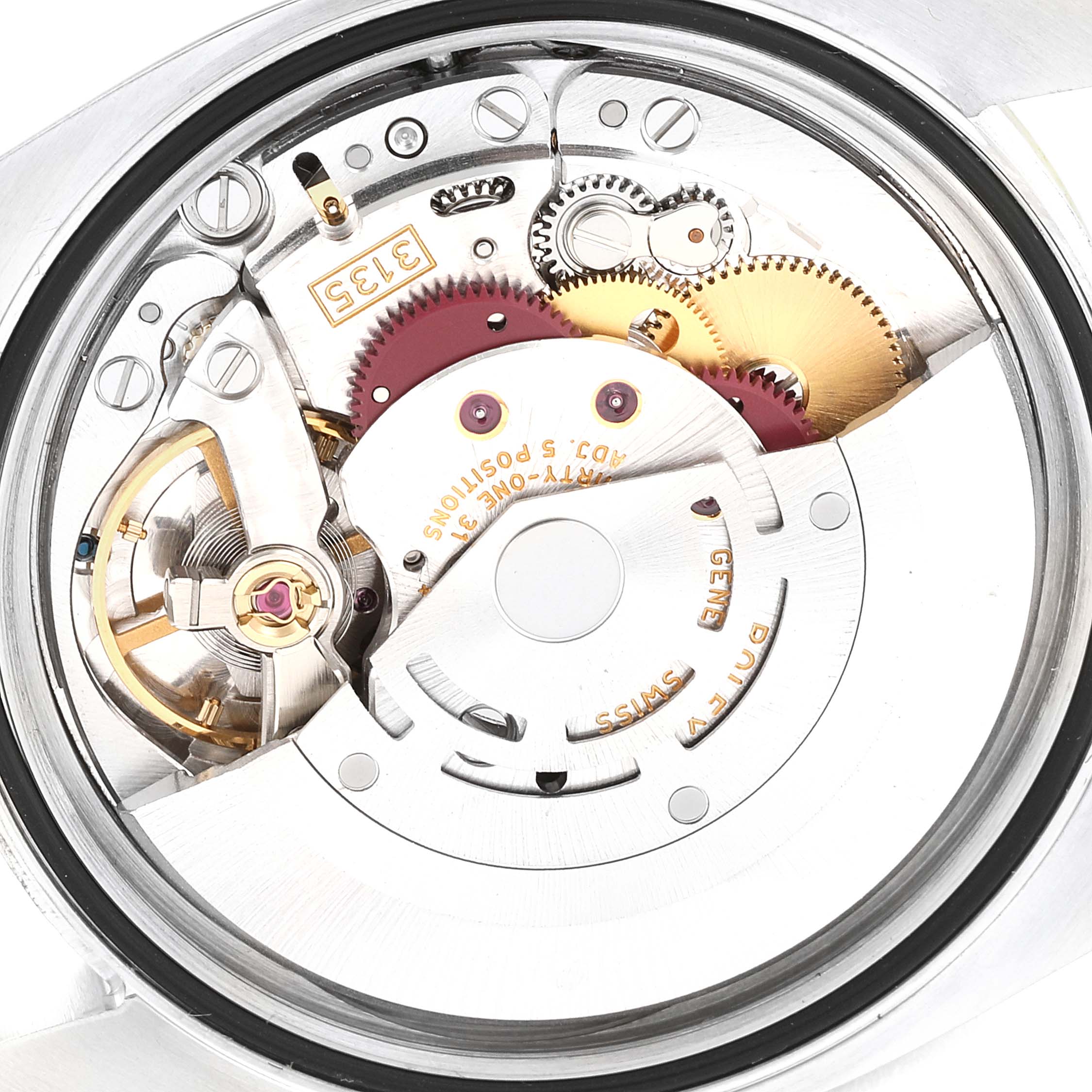 This image shows the movement mechanism of the Rolex Datejust 116233 Men's Steel and Gold (two tone) Mother of Pearl Dial 116233 Men's Steel and Gold (two tone) Mother of Pearl Dial watch, viewed from the back.