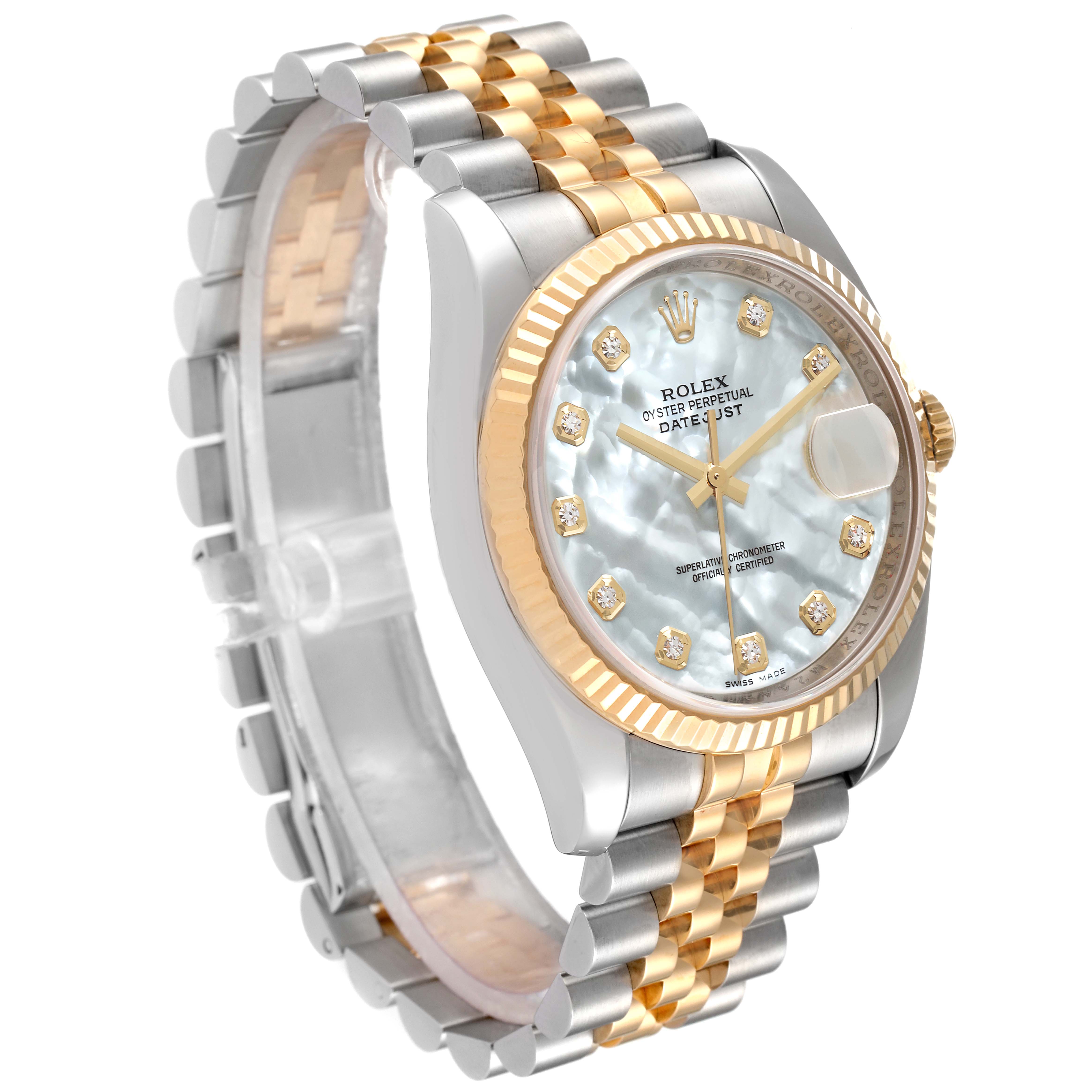 The image shows a Rolex Datejust 116233 Men's Steel and Gold (two tone) Mother of Pearl Dial 116233 Men's Steel and Gold (two tone) Mother of Pearl Dial watch from an oblique angle, highlighting its two-tone bracelet, fluted bezel, and diamond hour markers.