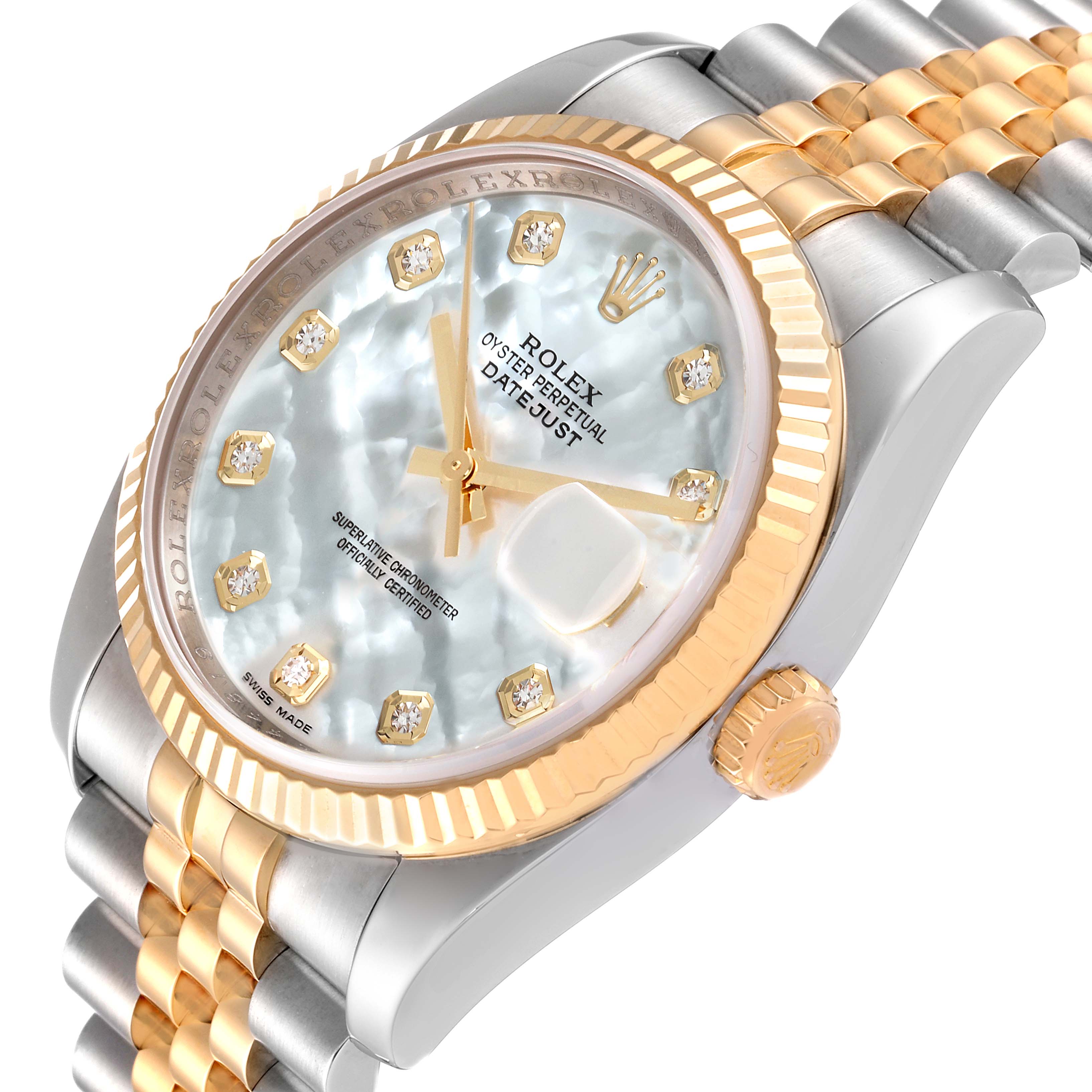 The image shows a Rolex Datejust 116233 Men's Steel and Gold (two tone) Mother of Pearl Dial 116233 Men's Steel and Gold (two tone) Mother of Pearl Dial watch from a three-quarter angle, highlighting its dial, bezel, crown, and bracelet.