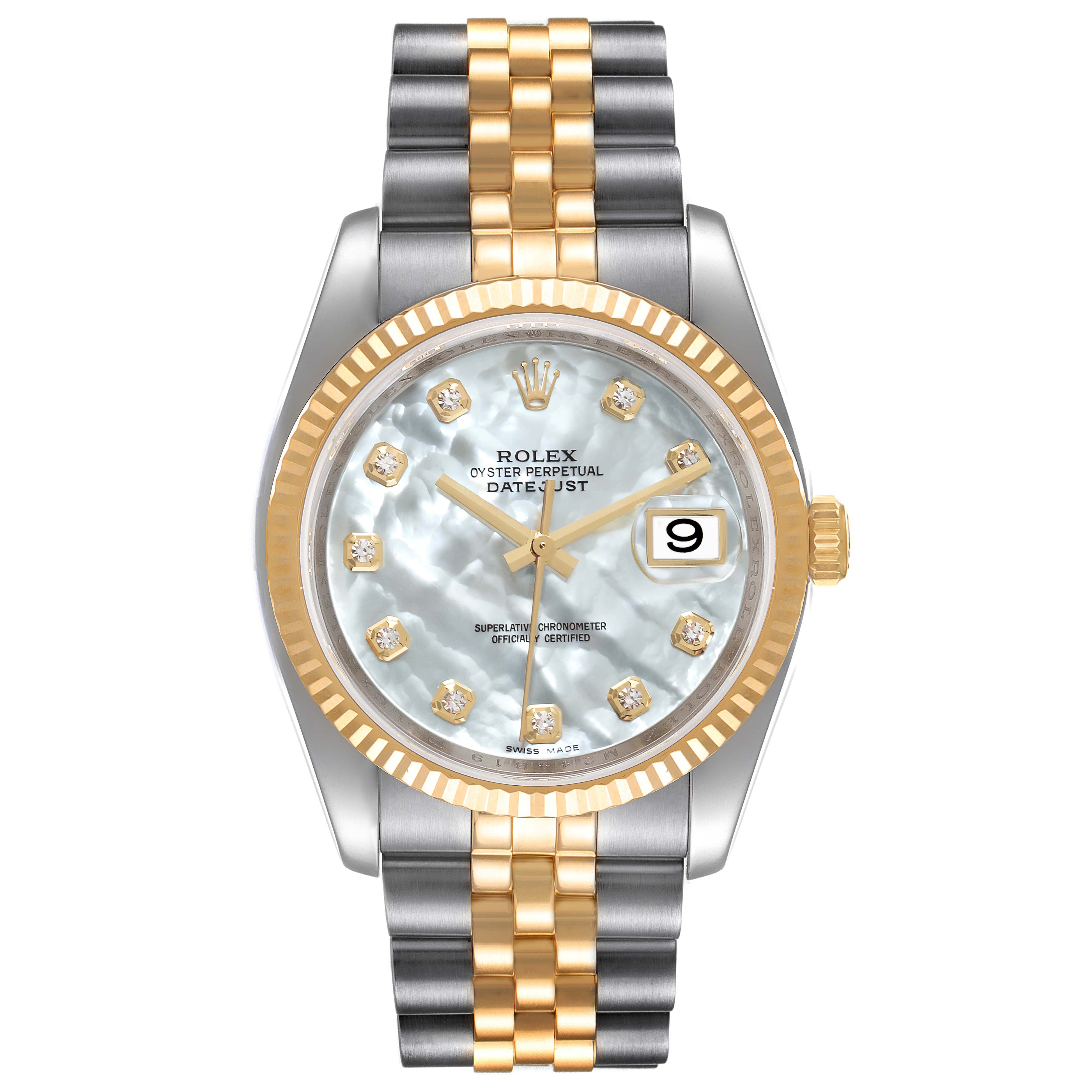The image shows a Rolex Datejust 116233 Men's Steel and Gold (two tone) Mother of Pearl Dial 116233 Men's Steel and Gold (two tone) Mother of Pearl Dial watch front view with a gold and silver jubilee bracelet and a fluted bezel.
