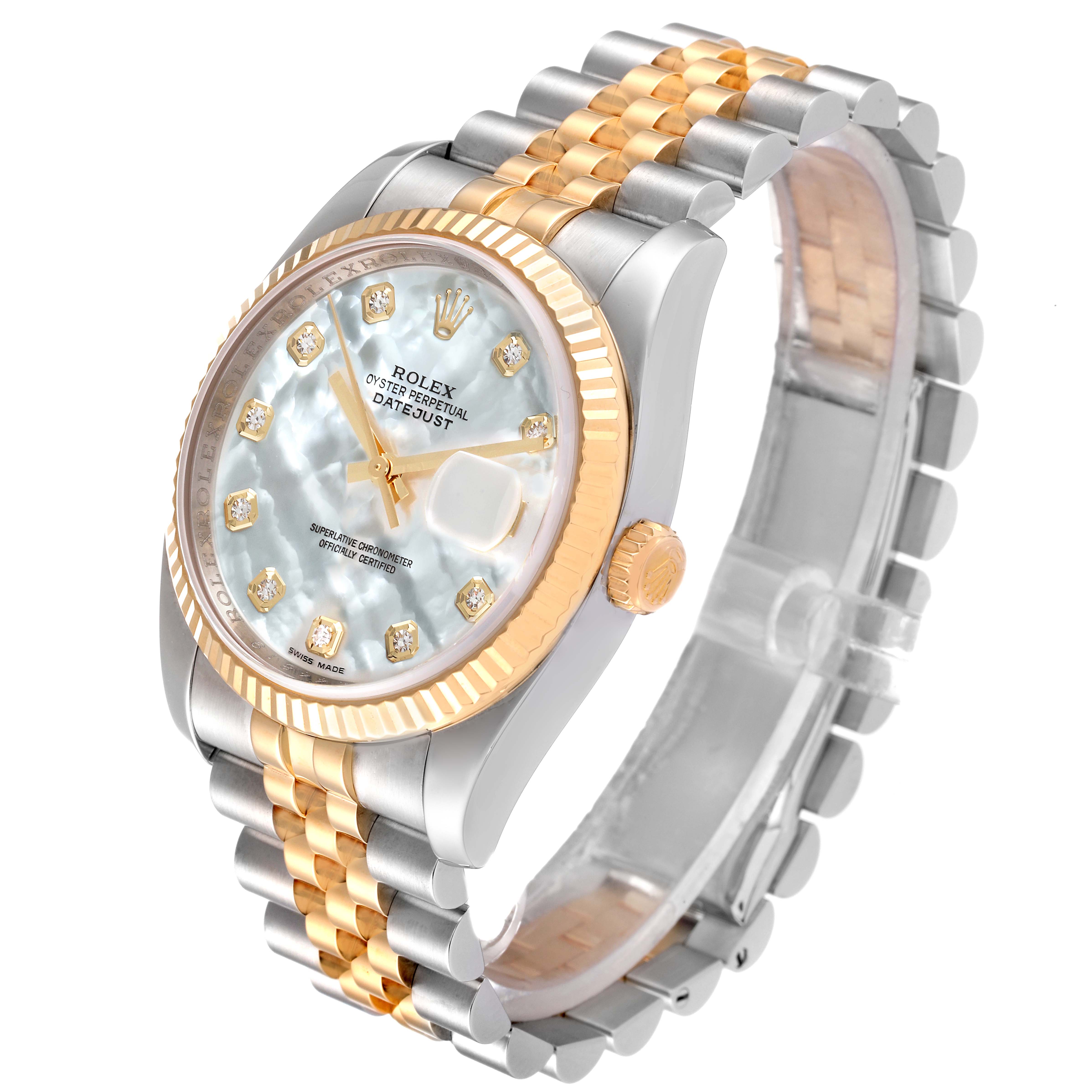 The Rolex Datejust 116233 Men's Steel and Gold (two tone) Mother of Pearl Dial 116233 Men's Steel and Gold (two tone) Mother of Pearl Dial watch is shown at a slight angle, displaying the face, bezel, and two-tone bracelet.