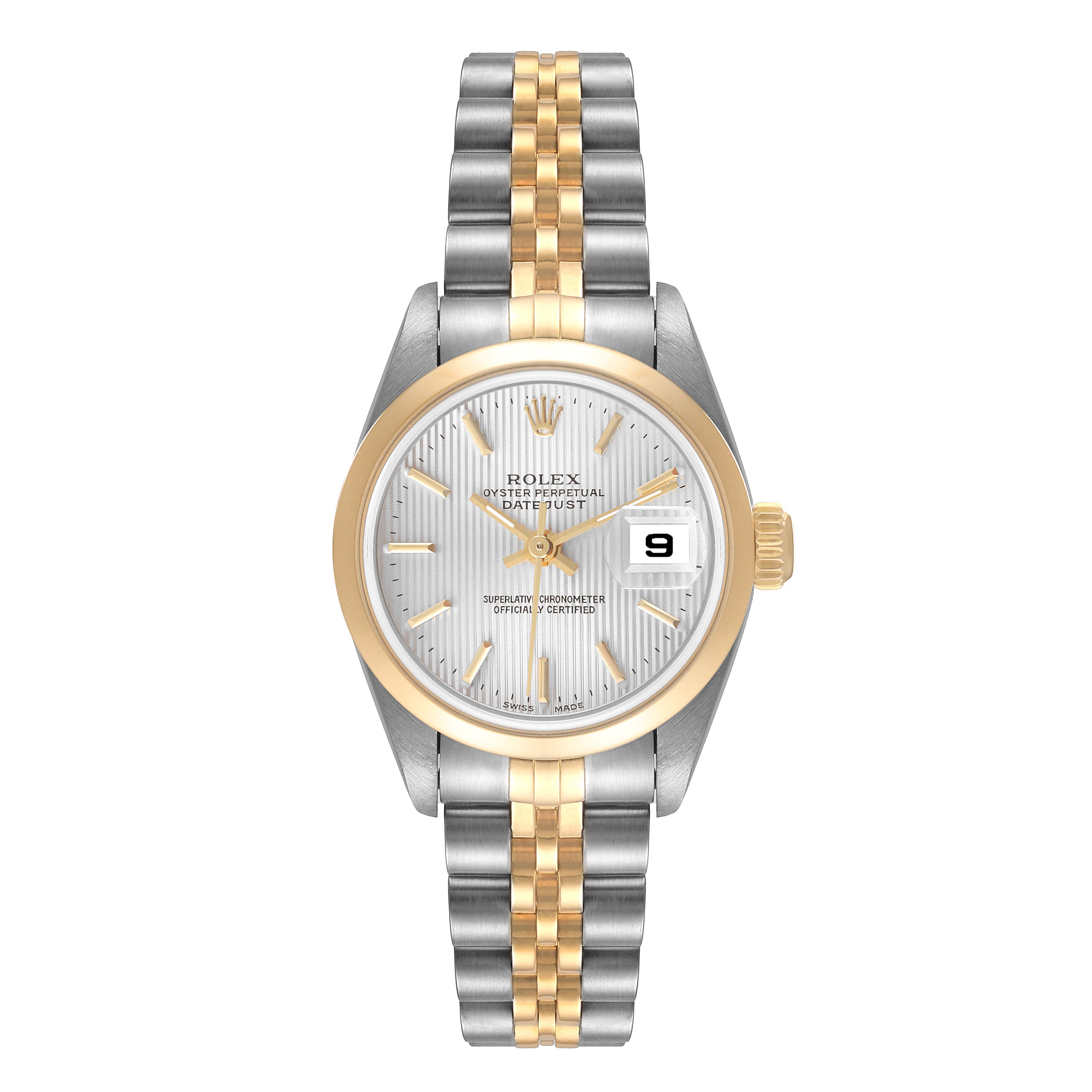 This image shows a Rolex Datejust 79163 Women's Steel and Gold (two tone) Silver Dial 79163 Women's Steel and Gold (two tone) Silver Dial watch from a front angle, highlighting its face, bezel, crown, and Jubilee bracelet.