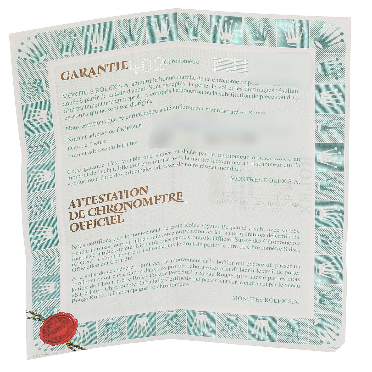 The image shows a warranty and certification paper for a Rolex Datejust 79163 Women's Steel and Gold (two tone) Silver Dial 79163 Women's Steel and Gold (two tone) Silver Dial watch featuring its guarantee and chronometer certification.