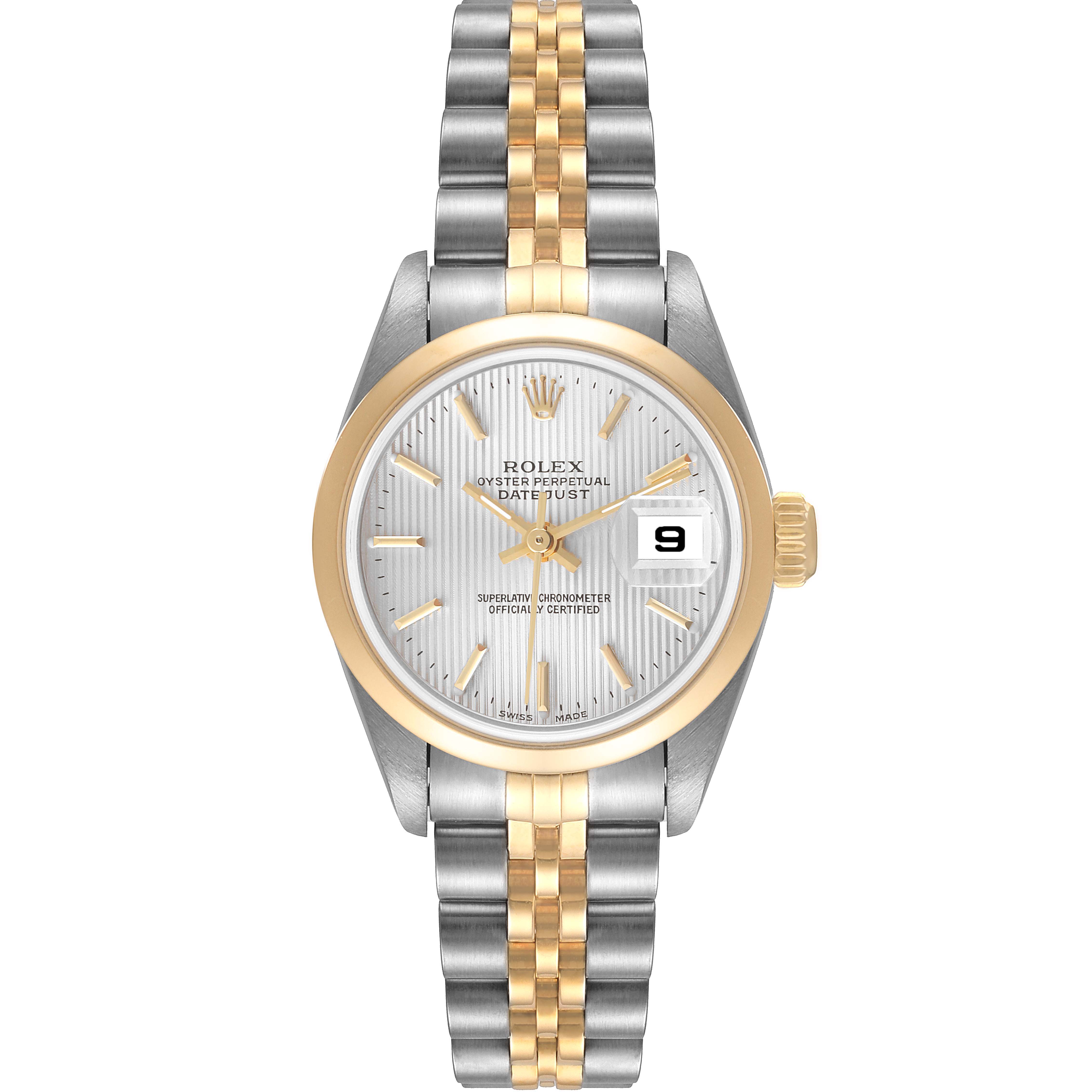 This image shows a frontal view of a Rolex Datejust 79163 Women's Steel and Gold (two tone) Silver Dial 79163 Women's Steel and Gold (two tone) Silver Dial watch, showcasing its face, bezel, and two-tone bracelet.