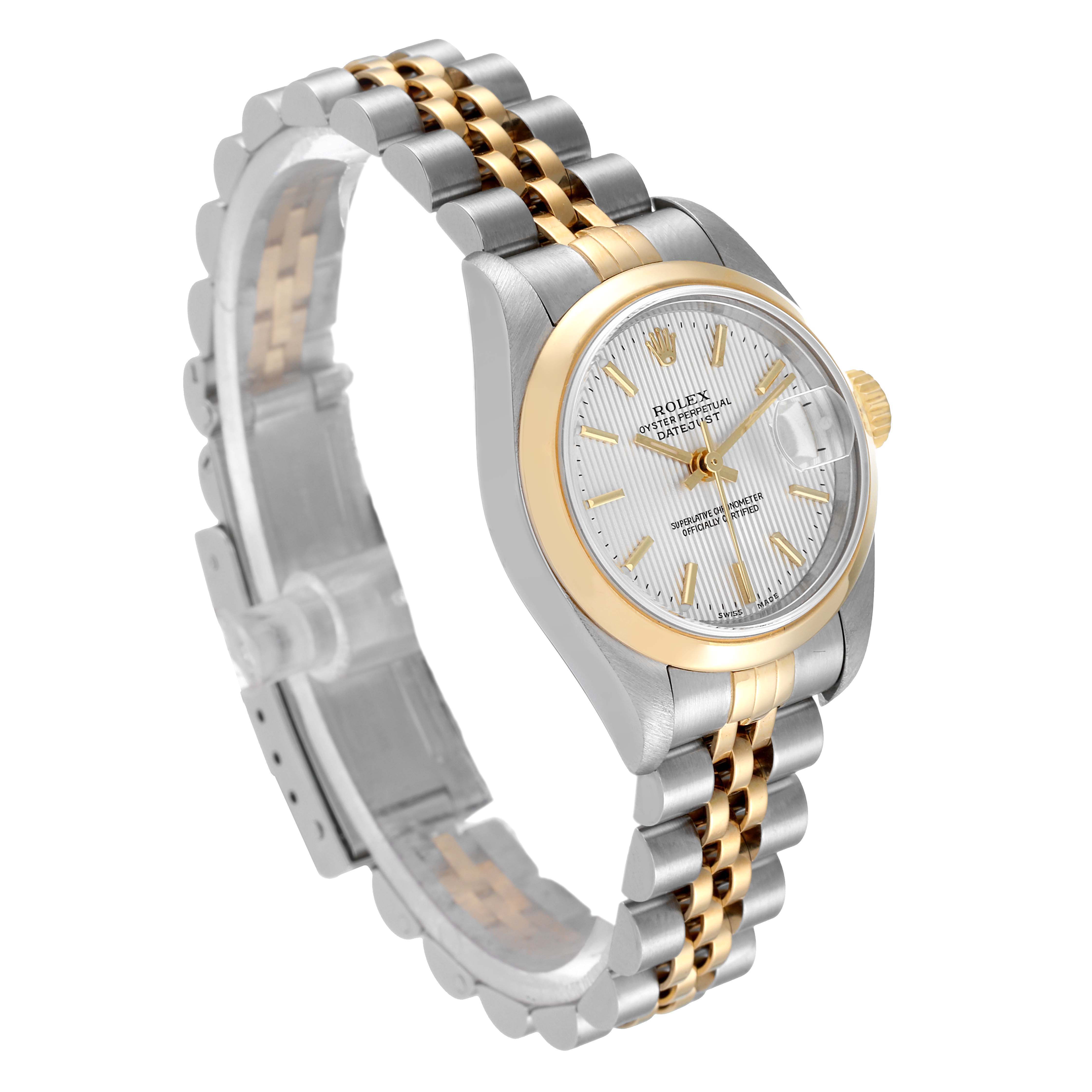 The image shows a Rolex Datejust 79163 Women's Steel and Gold (two tone) Silver Dial 79163 Women's Steel and Gold (two tone) Silver Dial watch at a three-quarter angle, highlighting its dial, bezel, and the two-tone bracelet.