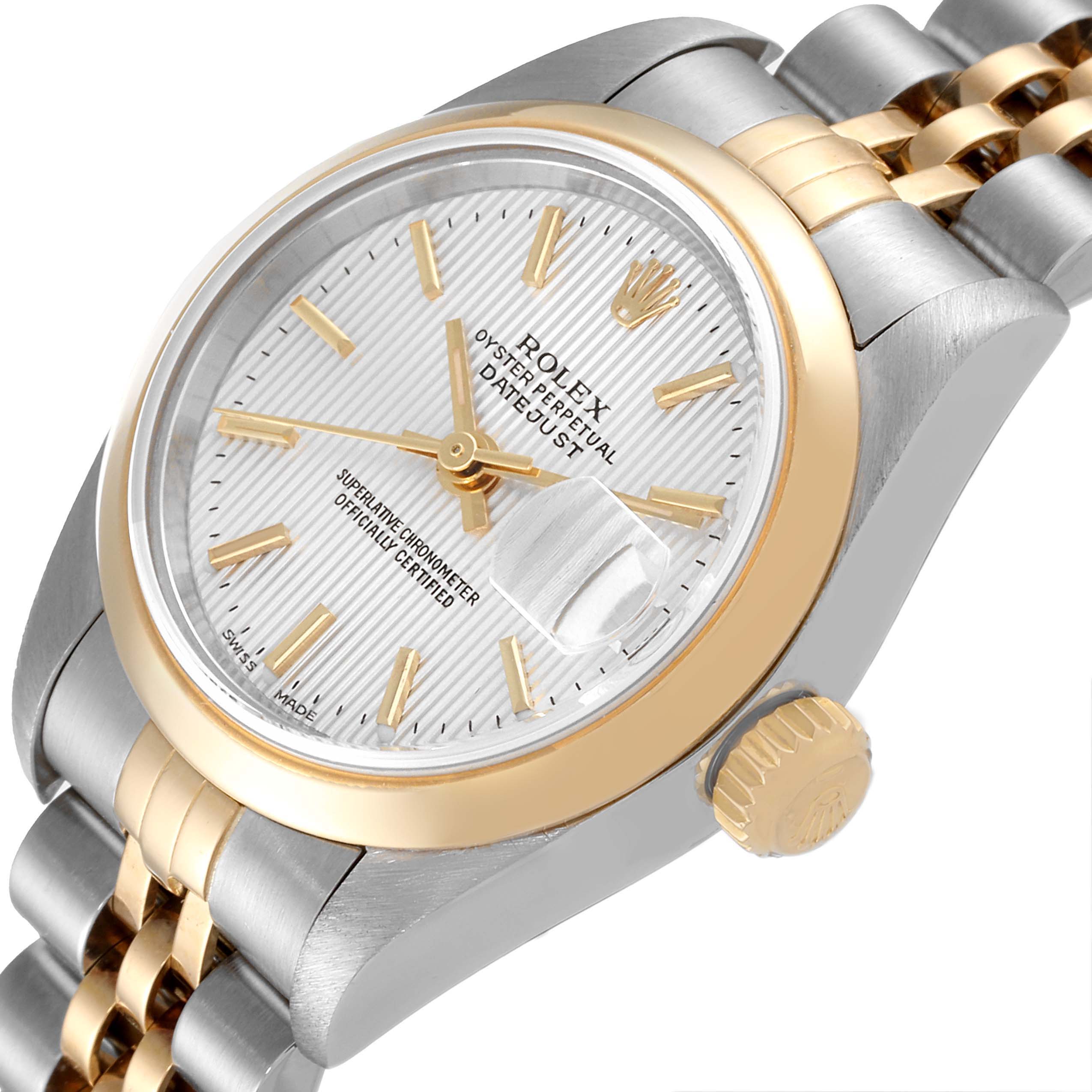 The image shows a close-up of the dial, bezel, crown, and part of the bracelet of a Rolex Datejust 79163 Women's Steel and Gold (two tone) Silver Dial 79163 Women's Steel and Gold (two tone) Silver Dial watch.