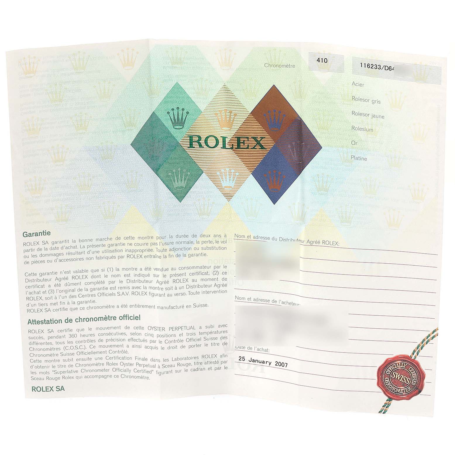 The image shows warranty and certification documents for the Rolex Datejust 116233 Men's Steel and Gold (two tone) Silver Dial 116233 Men's Steel and Gold (two tone) Silver Dial model watch.