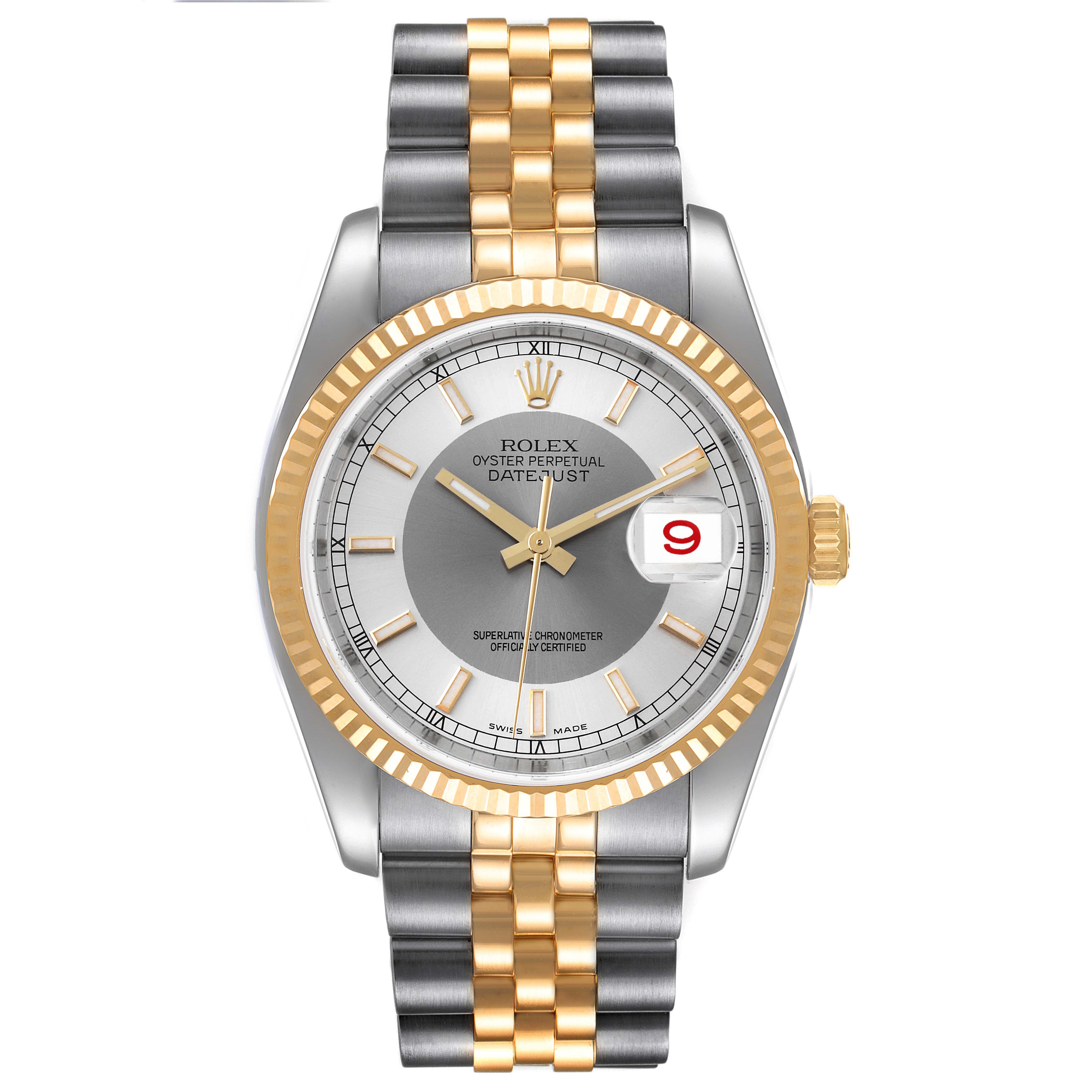 This image shows a front view of a Rolex Datejust 116233 Men's Steel and Gold (two tone) Silver Dial 116233 Men's Steel and Gold (two tone) Silver Dial watch with a gold and silver bracelet and a grey dial displaying the date.