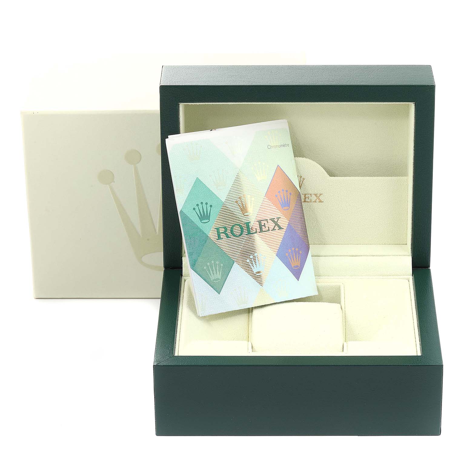 The image shows the packaging and warranty booklet for a Rolex Datejust 116233 Men's Steel and Gold (two tone) Silver Dial 116233 Men's Steel and Gold (two tone) Silver Dial watch, including the inner and outer boxes.