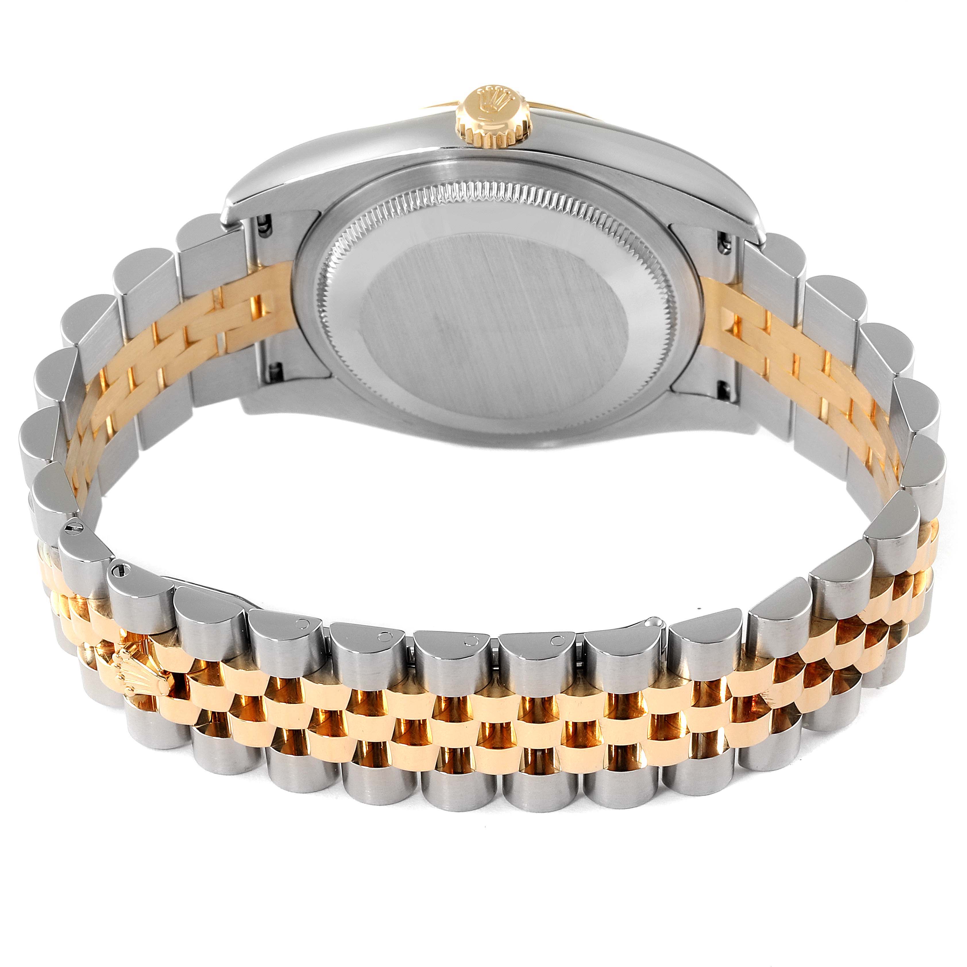 The image shows the back view of a Rolex Datejust 116233 Men's Steel and Gold (two tone) Silver Dial 116233 Men's Steel and Gold (two tone) Silver Dial model, highlighting the case back and Jubilee bracelet with gold and silver links.