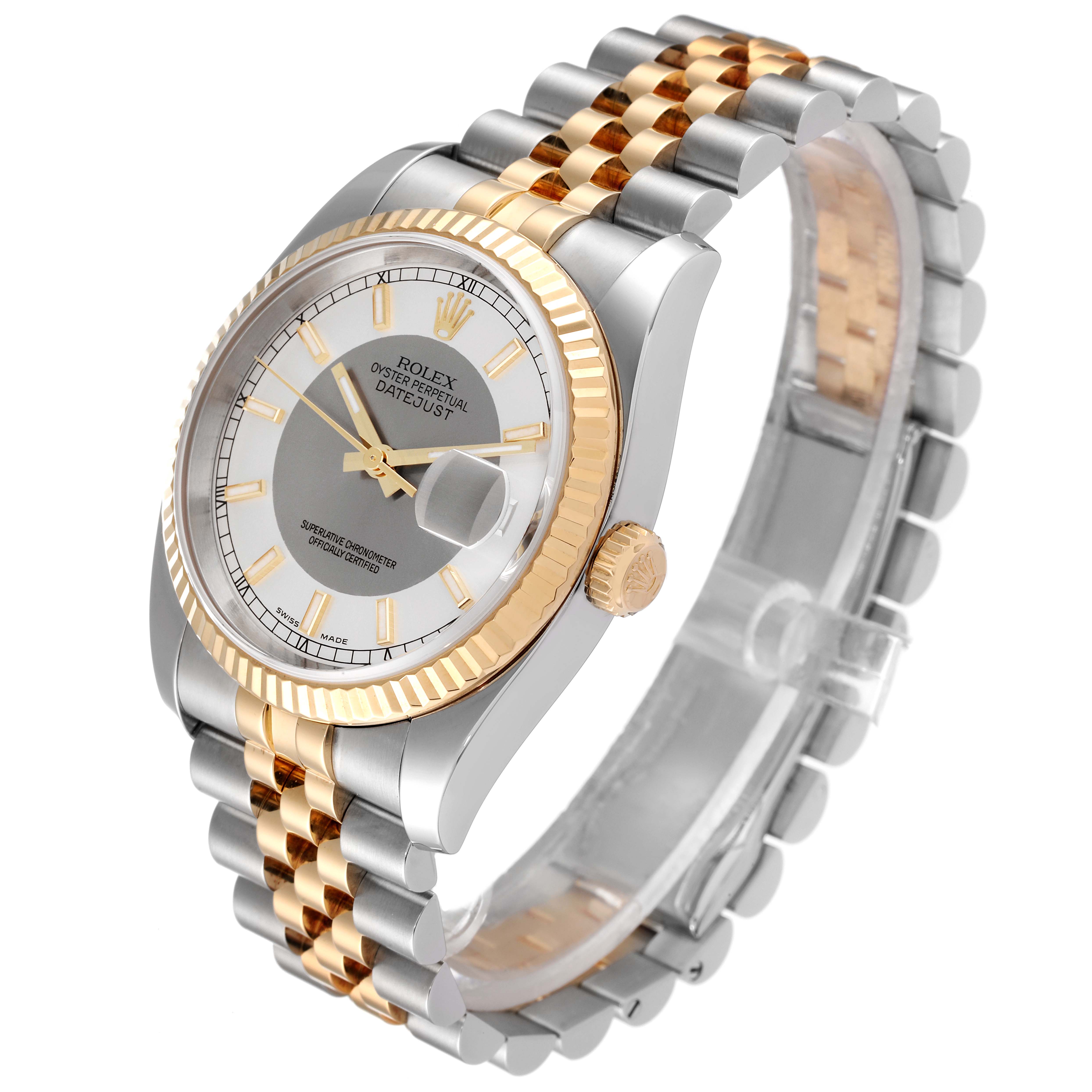 The image shows a Rolex Datejust 116233 Men's Steel and Gold (two tone) Silver Dial 116233 Men's Steel and Gold (two tone) Silver Dial watch from a 3/4 angle, highlighting its dial, bezel, crown, and two-tone bracelet.