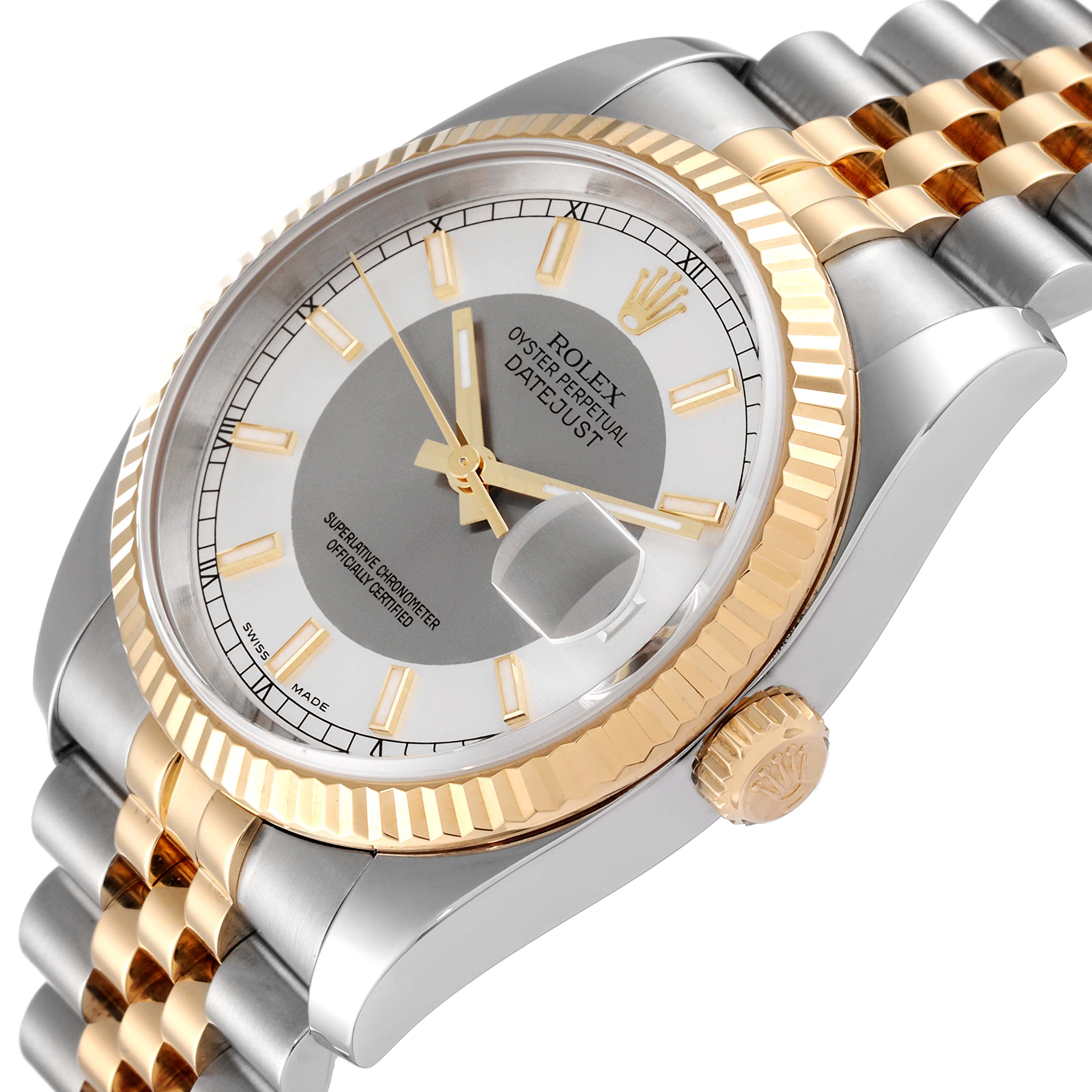 The image shows a Rolex Datejust 116233 Men's Steel and Gold (two tone) Silver Dial 116233 Men's Steel and Gold (two tone) Silver Dial watch at an angle highlighting its face, fluted bezel, crown, and two-tone bracelet.