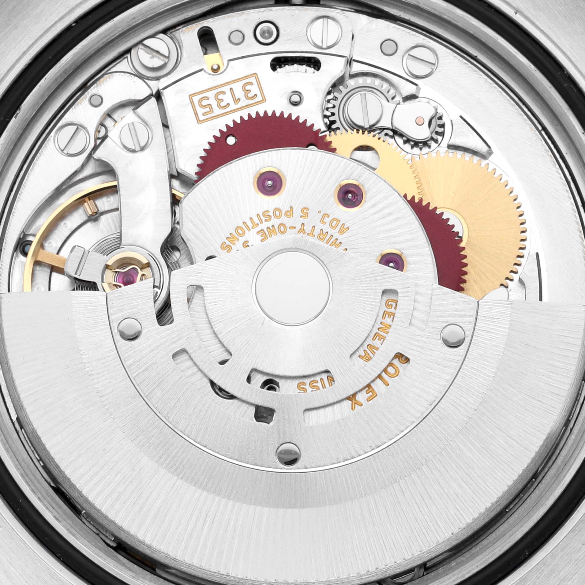 This image shows the internal mechanical movement of a Rolex Datejust 116233 Men's Steel and Gold (two tone) White Dial 116233 Men's Steel and Gold (two tone) White Dial watch, including gears and rotor.