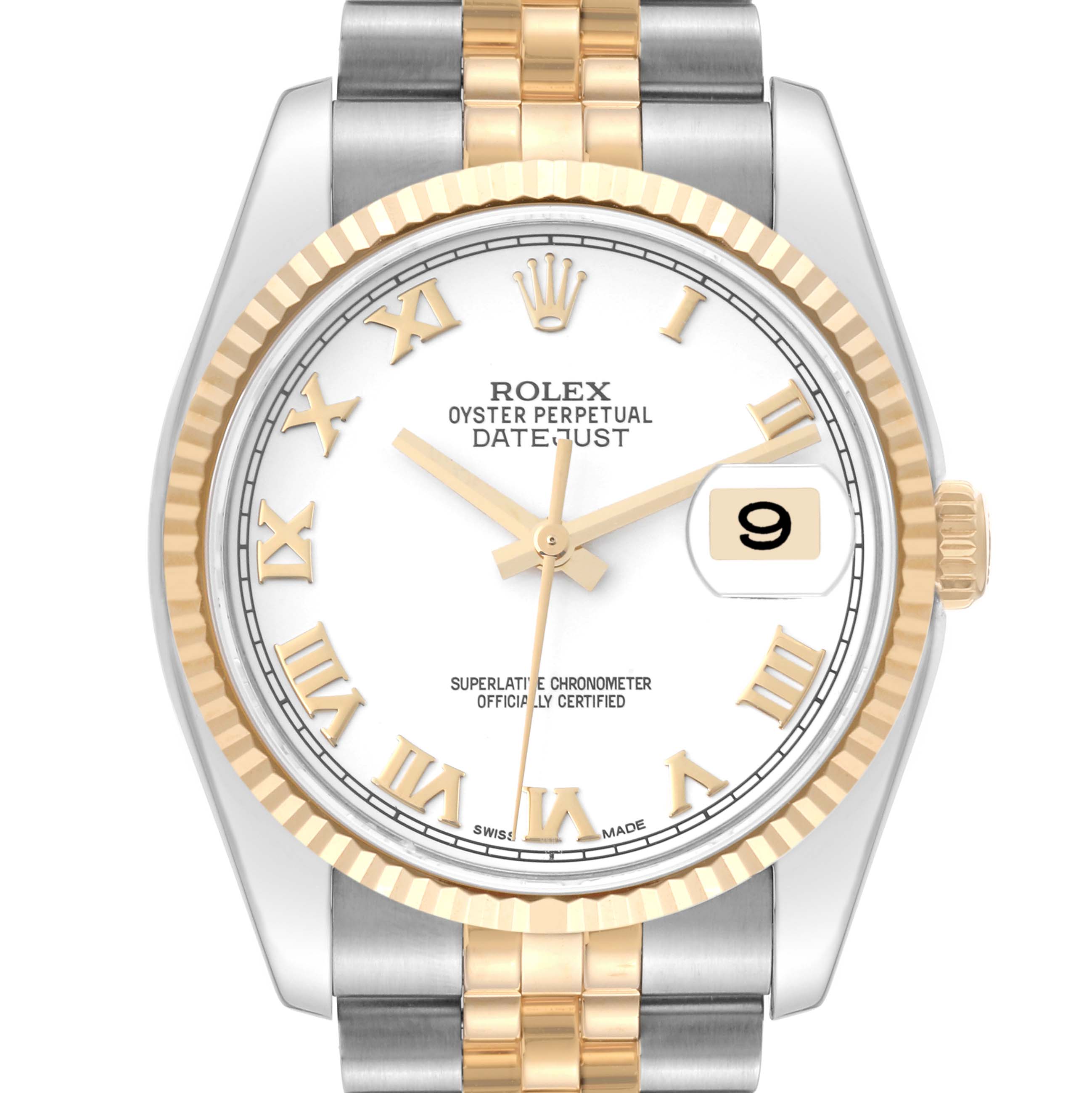 This Rolex Datejust 116233 Men's Steel and Gold (two tone) White Dial 116233 Men's Steel and Gold (two tone) White Dial watch is shown from the front, displaying the face, bezel, crown, and part of the bracelet.
