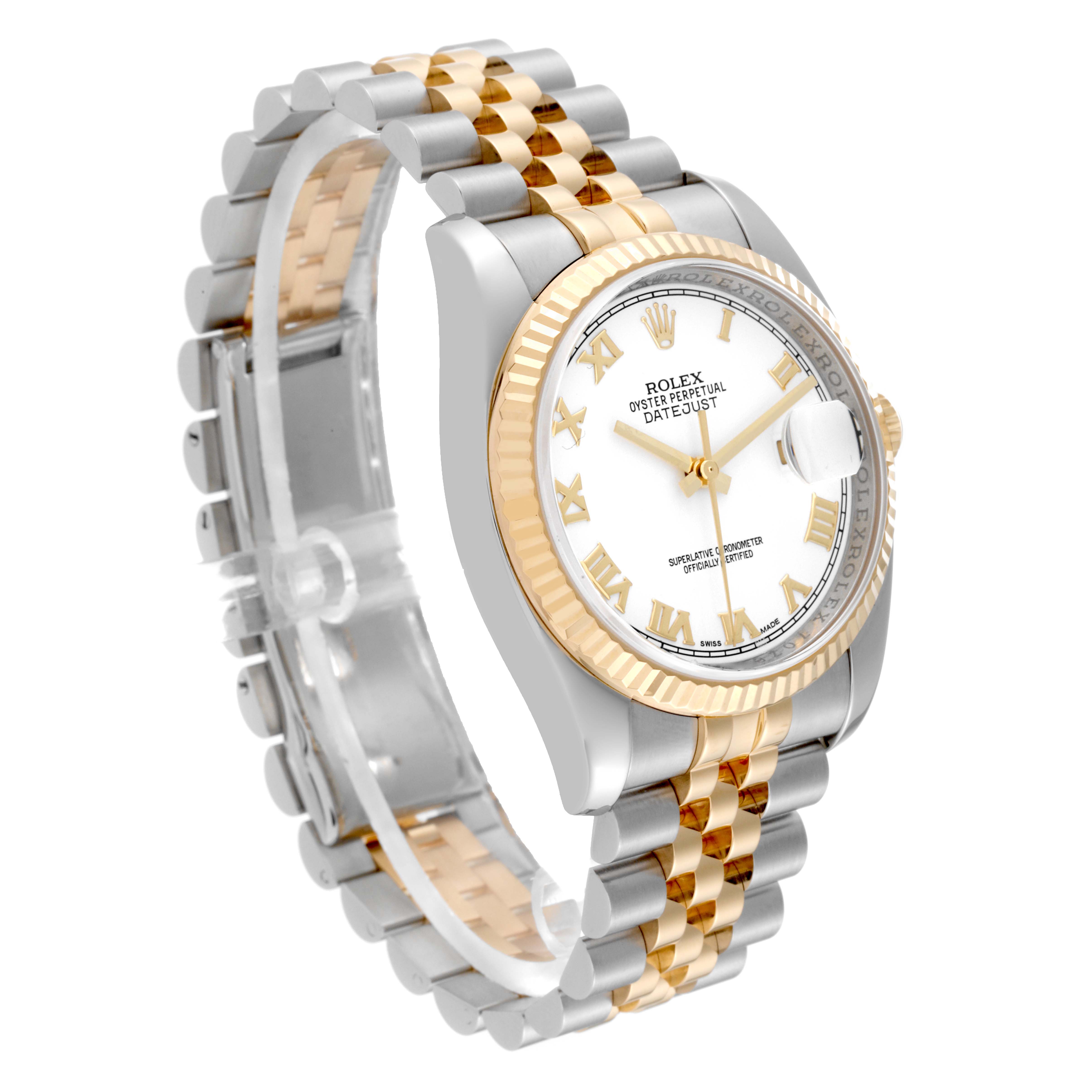 The Rolex Datejust 116233 Men's Steel and Gold (two tone) White Dial 116233 Men's Steel and Gold (two tone) White Dial watch is shown at an angle that highlights its face, bezel, and two-tone bracelet.
