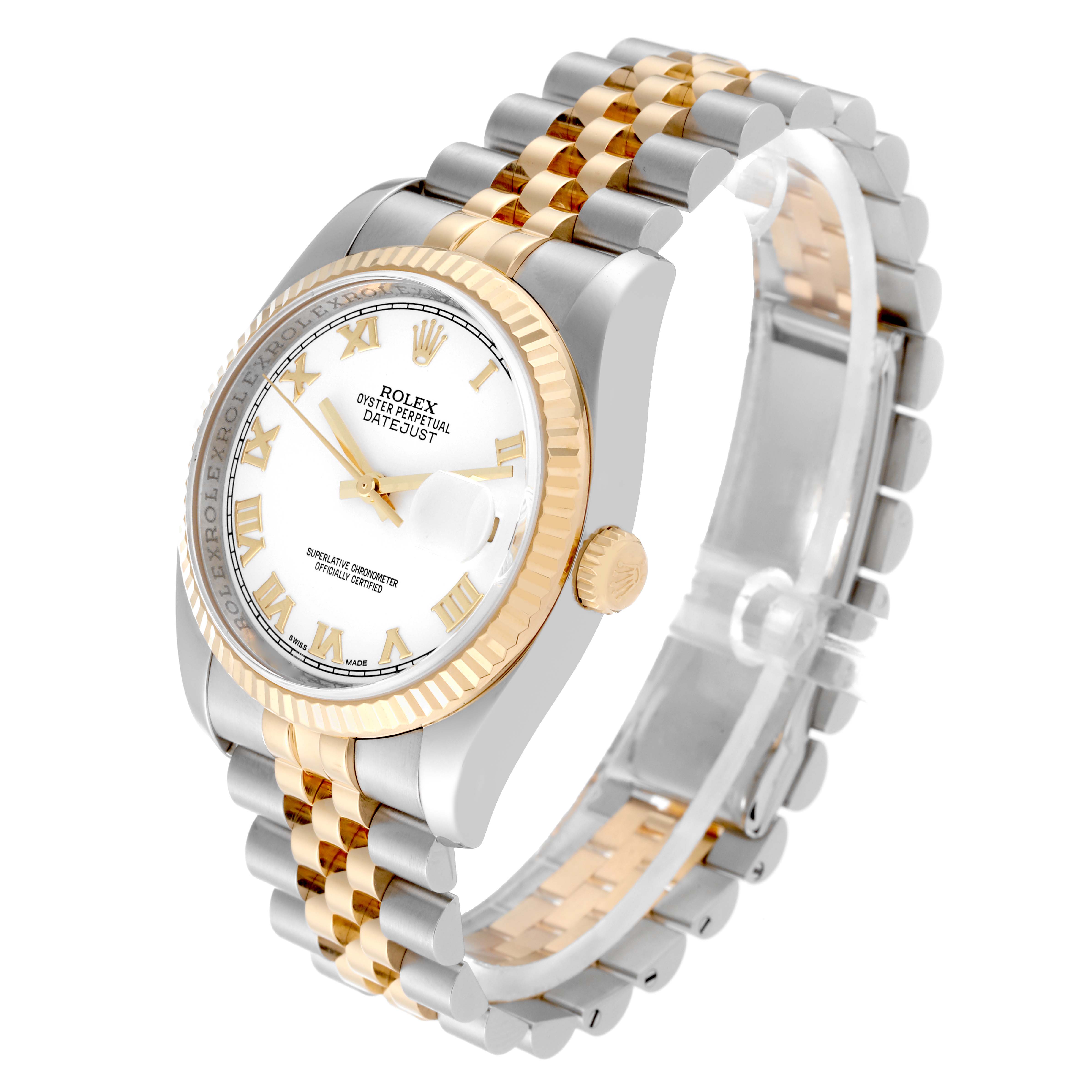 The Rolex Datejust 116233 Men's Steel and Gold (two tone) White Dial 116233 Men's Steel and Gold (two tone) White Dial watch is shown at a slight angle, displaying the face, bezel, crown, and two-tone bracelet.