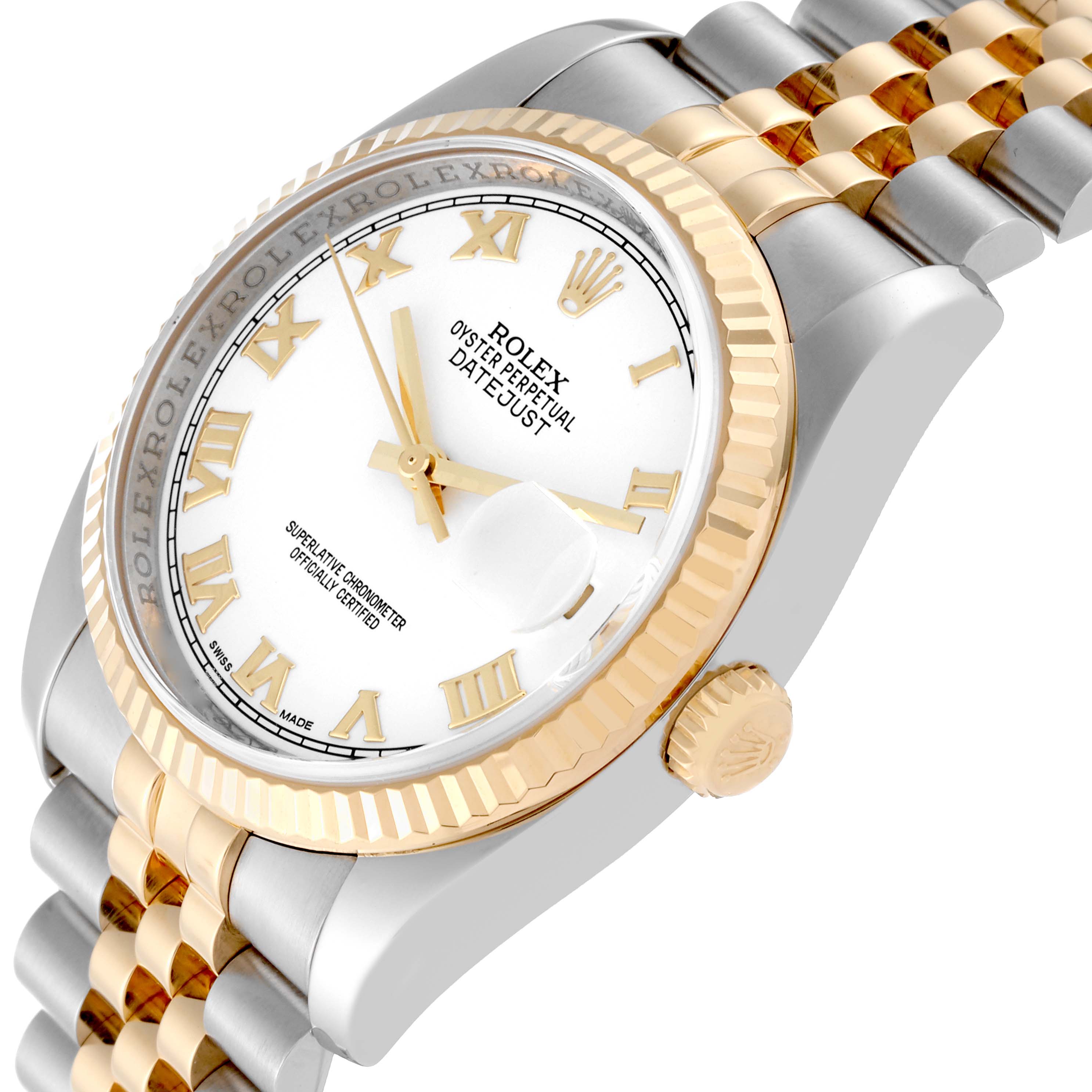 This image shows a close-up angled view of a Rolex Datejust 116233 Men's Steel and Gold (two tone) White Dial 116233 Men's Steel and Gold (two tone) White Dial watch, highlighting its gold bezel, white dial, and two-tone bracelet.