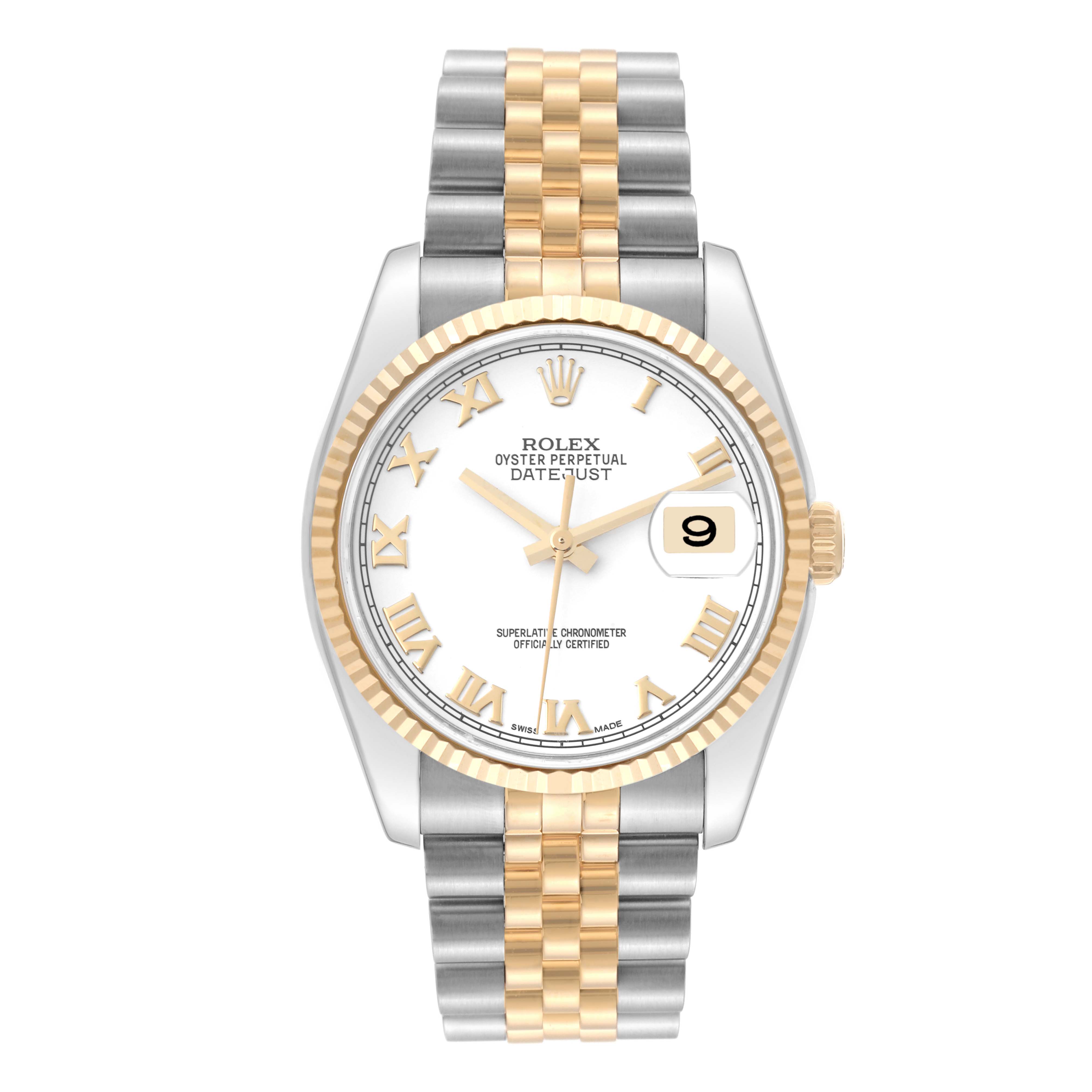 The image shows a front view of a Rolex Datejust 116233 Men's Steel and Gold (two tone) White Dial 116233 Men's Steel and Gold (two tone) White Dial watch, highlighting its face, fluted bezel, and Jubilee bracelet.