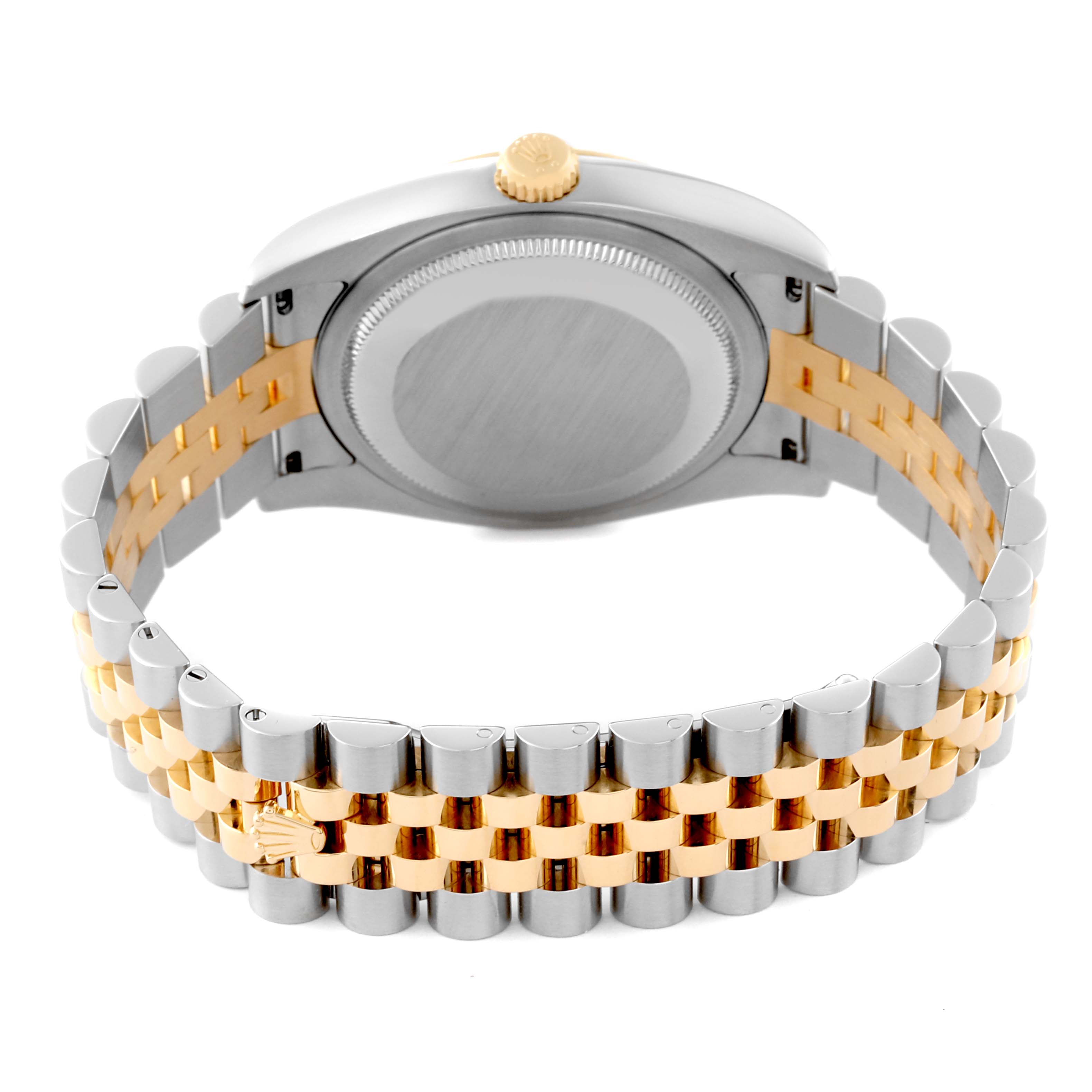 The image shows the backside of a Rolex Datejust 116233 Men's Steel and Gold (two tone) White Dial 116233 Men's Steel and Gold (two tone) White Dial watch, highlighting the case back and the two-tone bracelet.