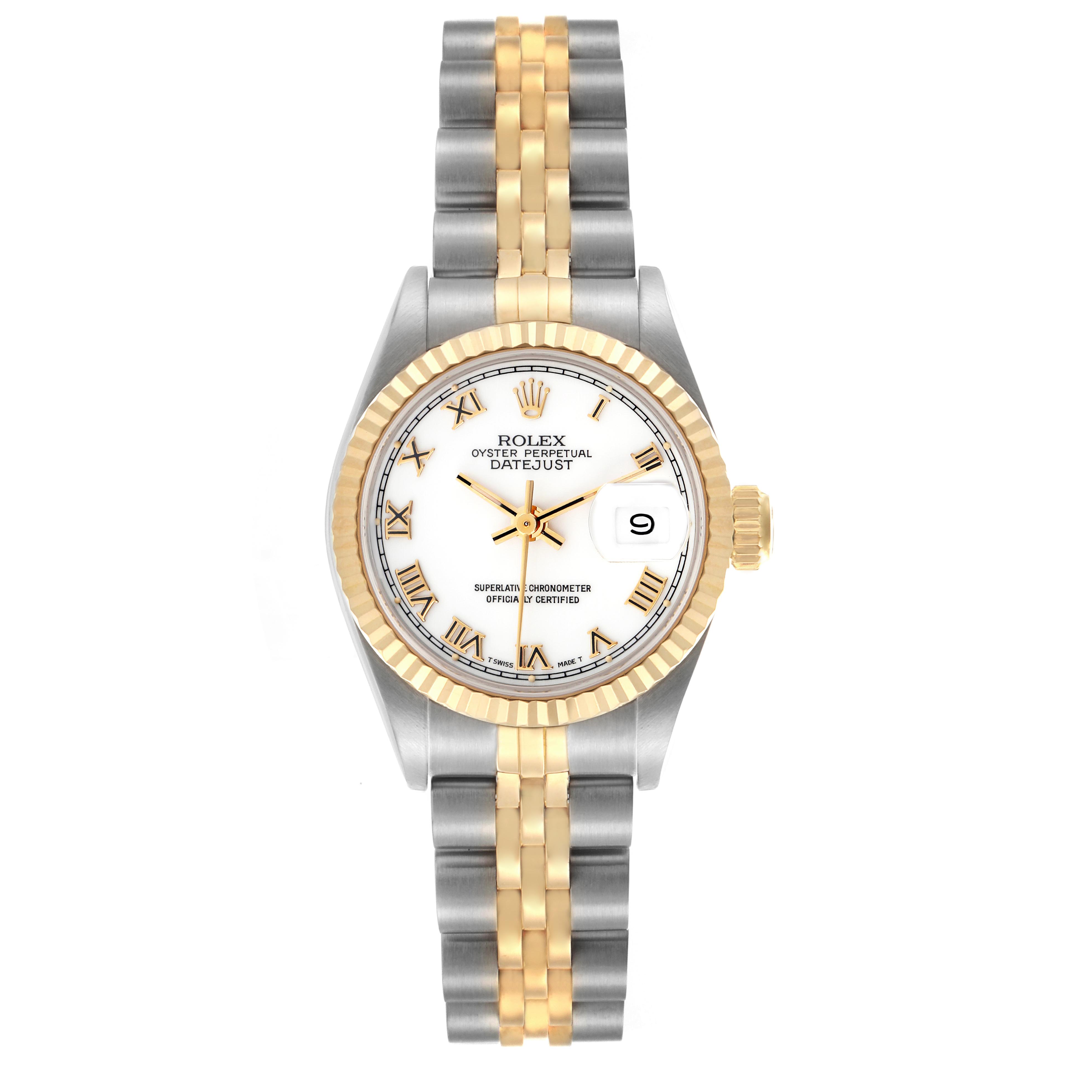 The Rolex Datejust 69173 Women
s Steel and Gold (two tone) White Dial 69173 Women
s Steel and Gold (two tone) White Dial watch is shown from a top-down angle, highlighting the dial, bezel, and two-tone bracelet.