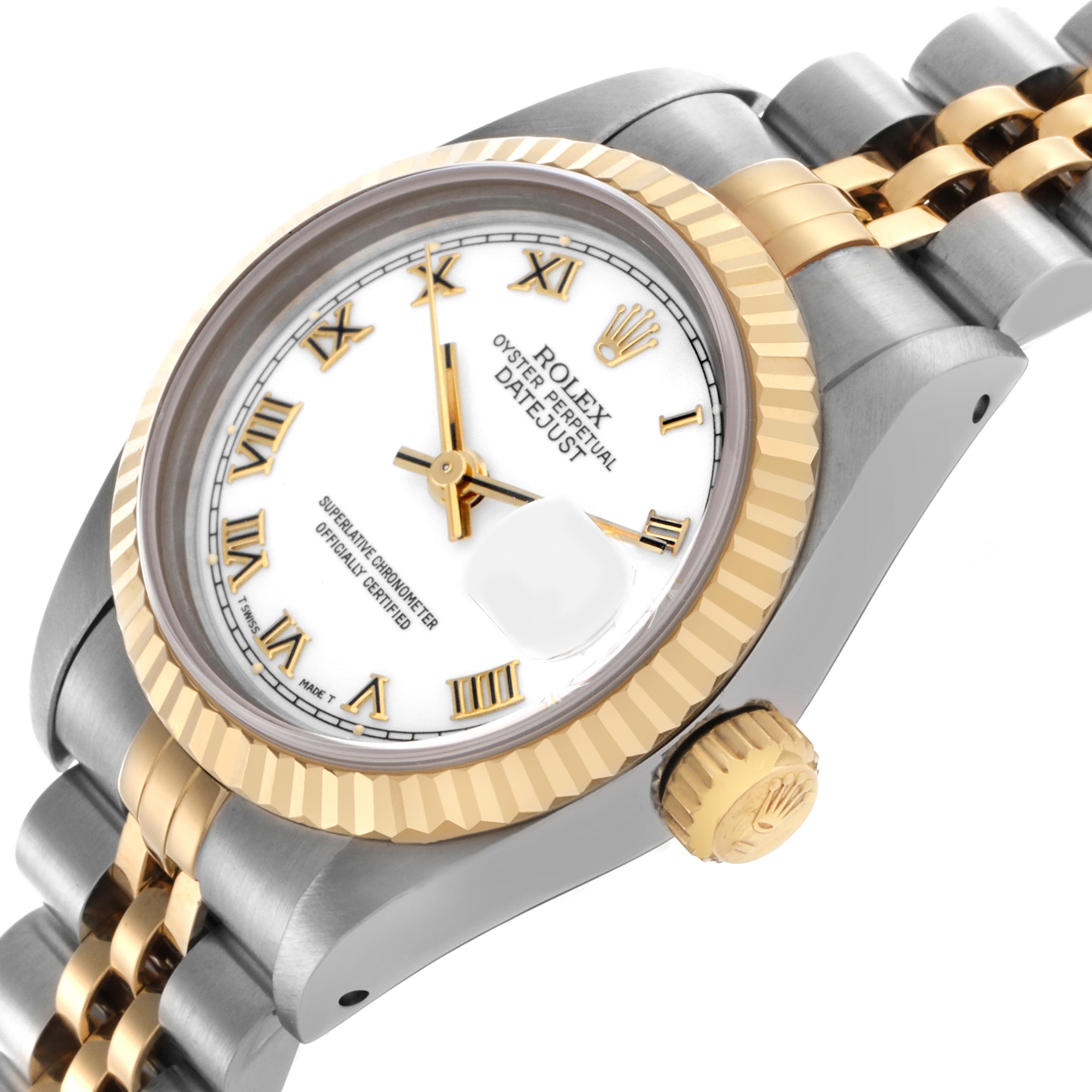 The Rolex Datejust 69173 Women
s Steel and Gold (two tone) White Dial 69173 Women
s Steel and Gold (two tone) White Dial is shown from an angled side view, highlighting the bezel, crown, dial, and bracelet.