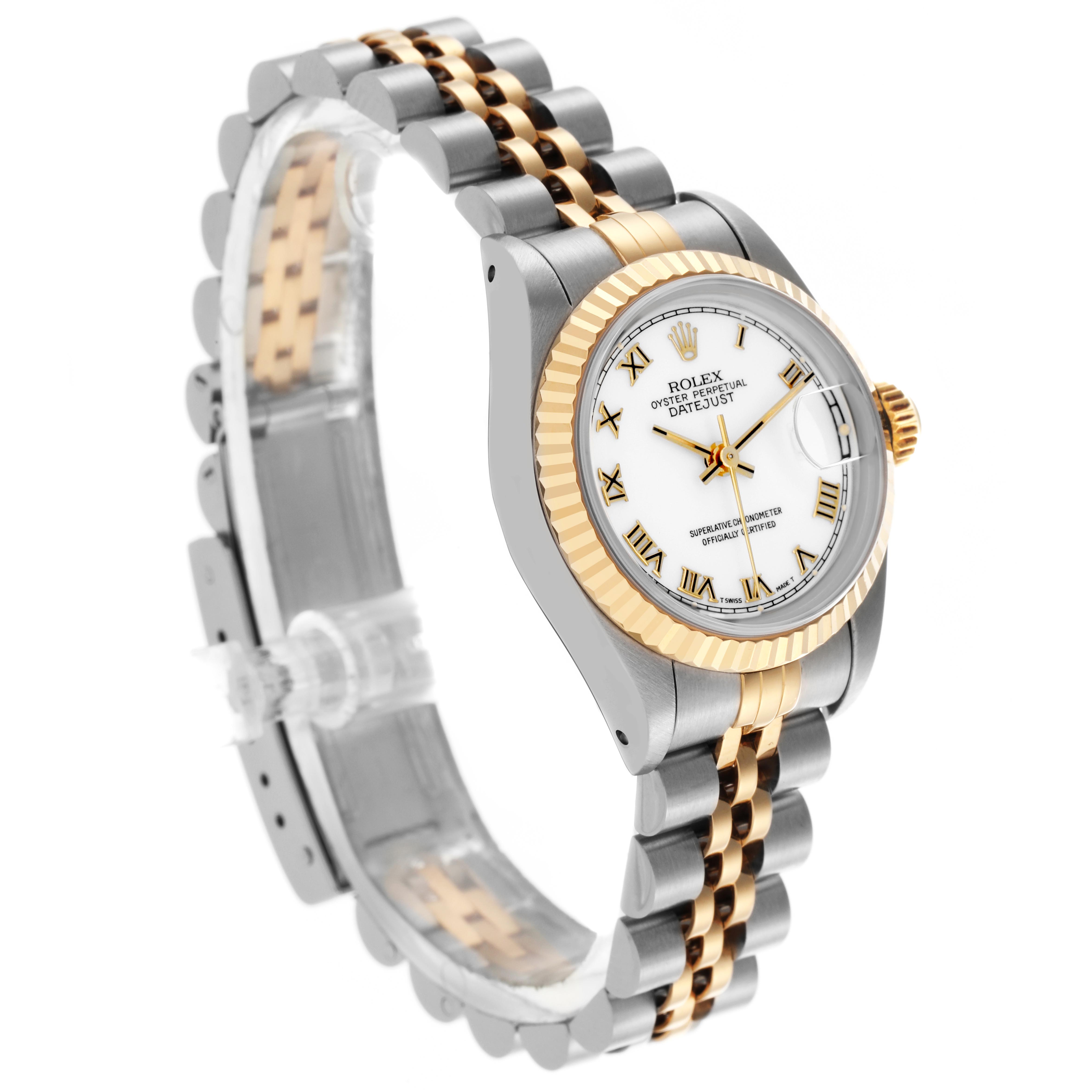 The image shows a Rolex Datejust 69173 Women
s Steel and Gold (two tone) White Dial 69173 Women
s Steel and Gold (two tone) White Dial watch at a three-quarter angle, highlighting the bezel, bracelet, and face.