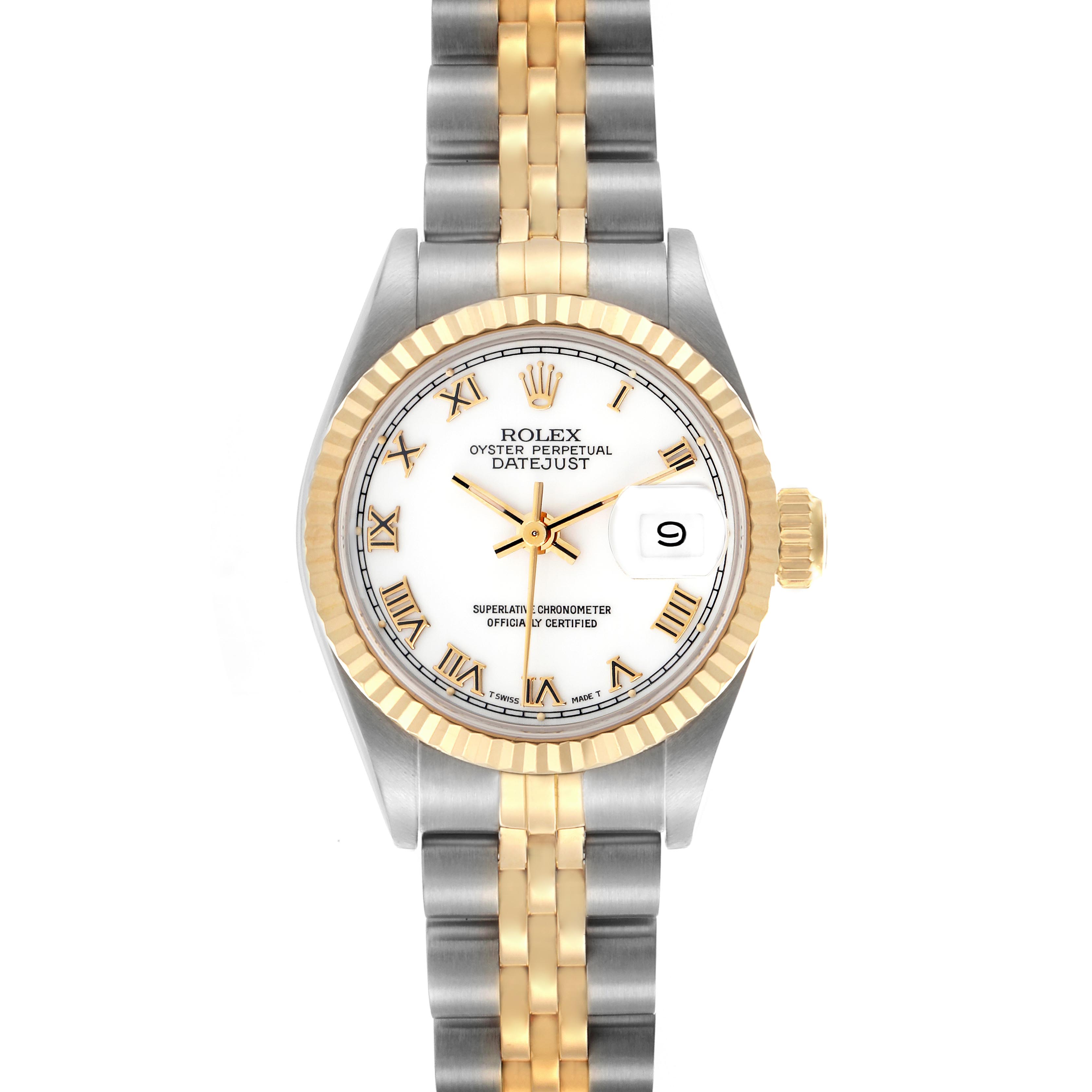 The Rolex Datejust 69173 Women
s Steel and Gold (two tone) White Dial 69173 Women
s Steel and Gold (two tone) White Dial is shown from a top-down angle, highlighting the dial, bezel, and dual-tone bracelet.