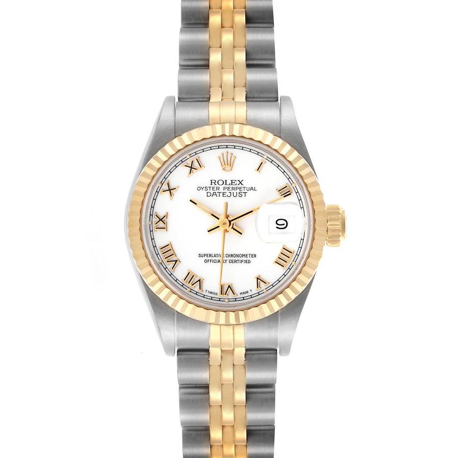 The Rolex Datejust is shown from a top-down angle, highlighting the dial, bezel, and dual-tone bracelet.