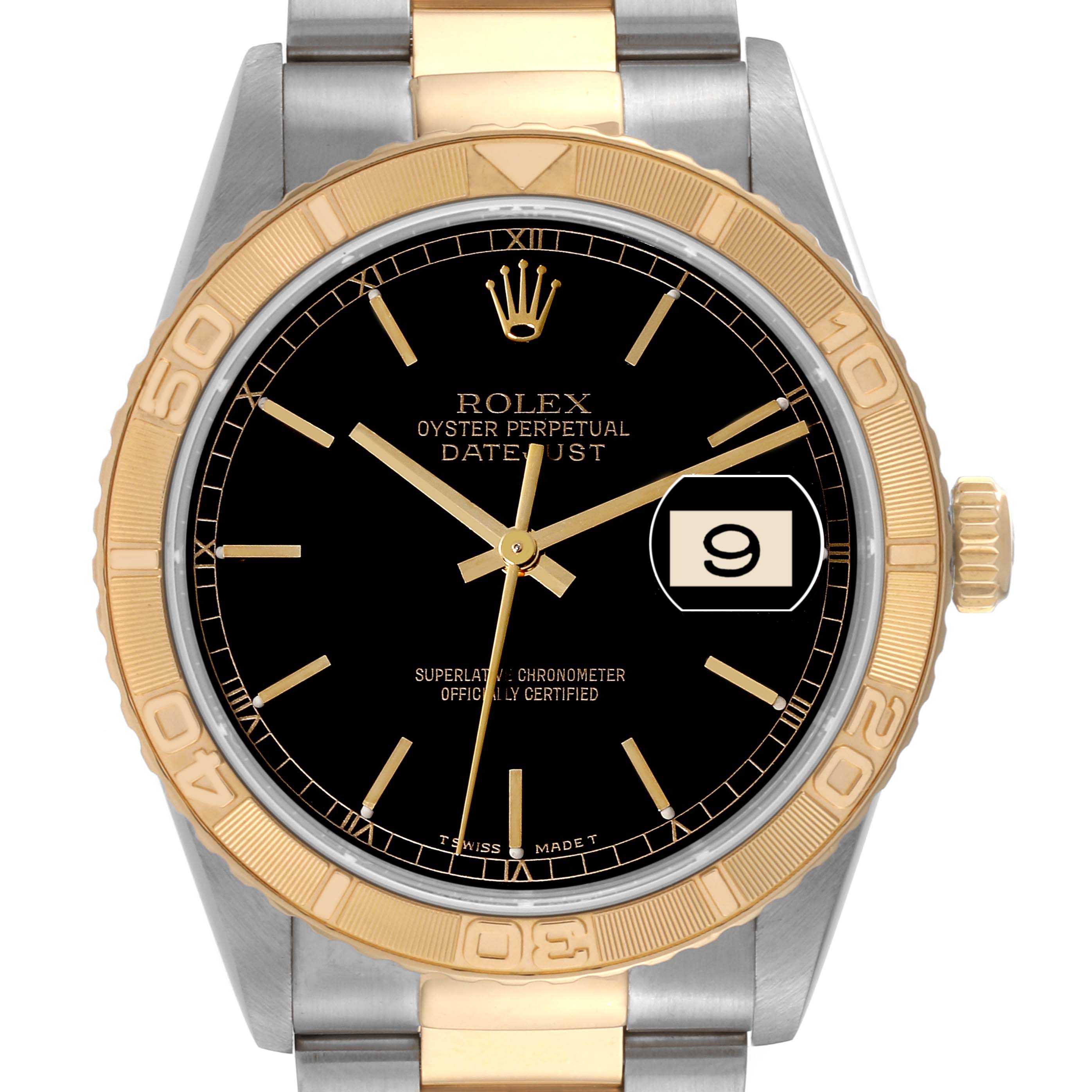 The image shows a front view of the Rolex Turn-o-Graph 16263 Men
s Steel and Gold (two tone) Black Dial 16263 Men
s Steel and Gold (two tone) Black Dial watch, highlighting its black dial, gold bezel, and two-tone bracelet.