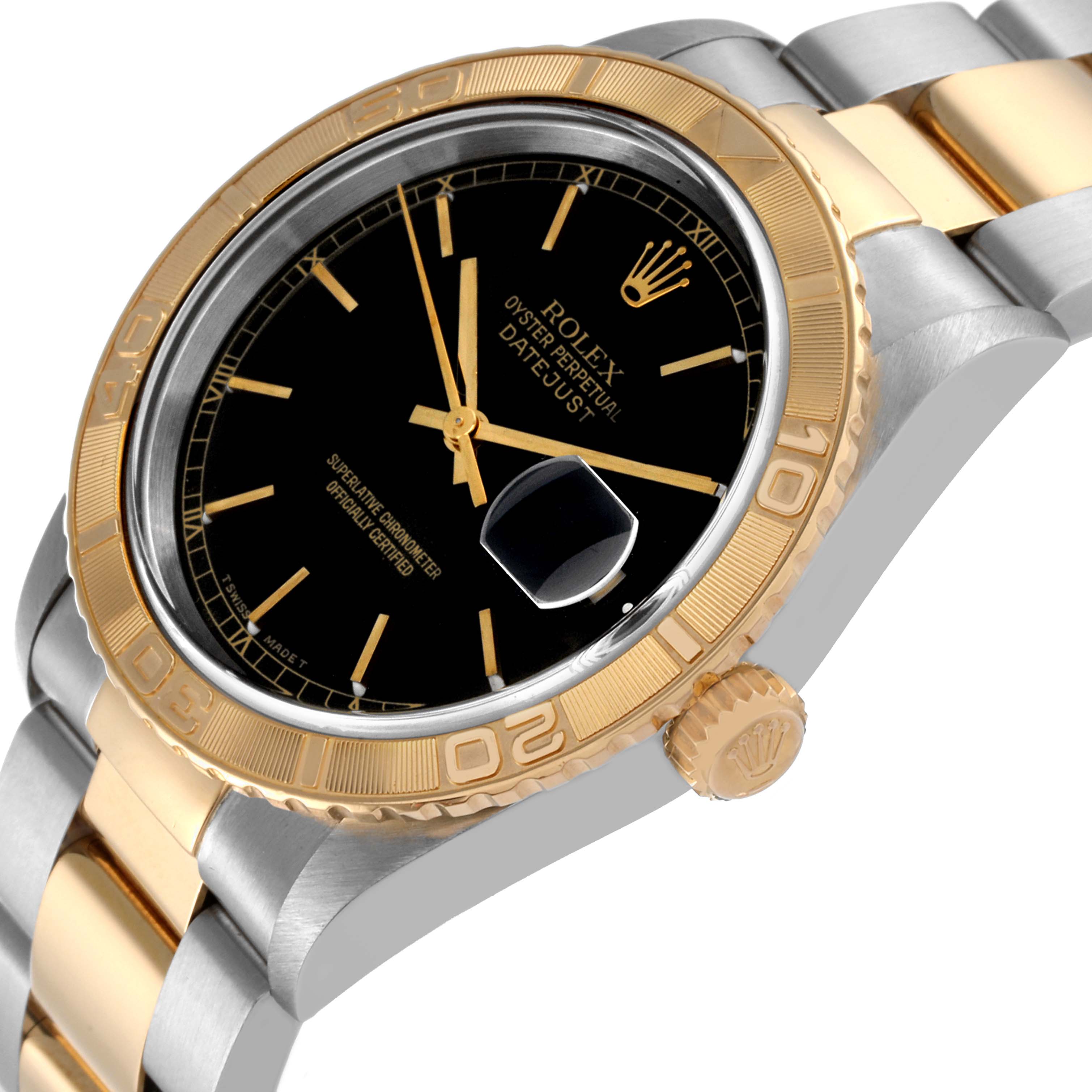 This image shows a close-up angled view of a Rolex Turn-o-Graph 16263 Men
s Steel and Gold (two tone) Black Dial 16263 Men
s Steel and Gold (two tone) Black Dial model, displaying the dial, bezel, crown, and bracelet links.