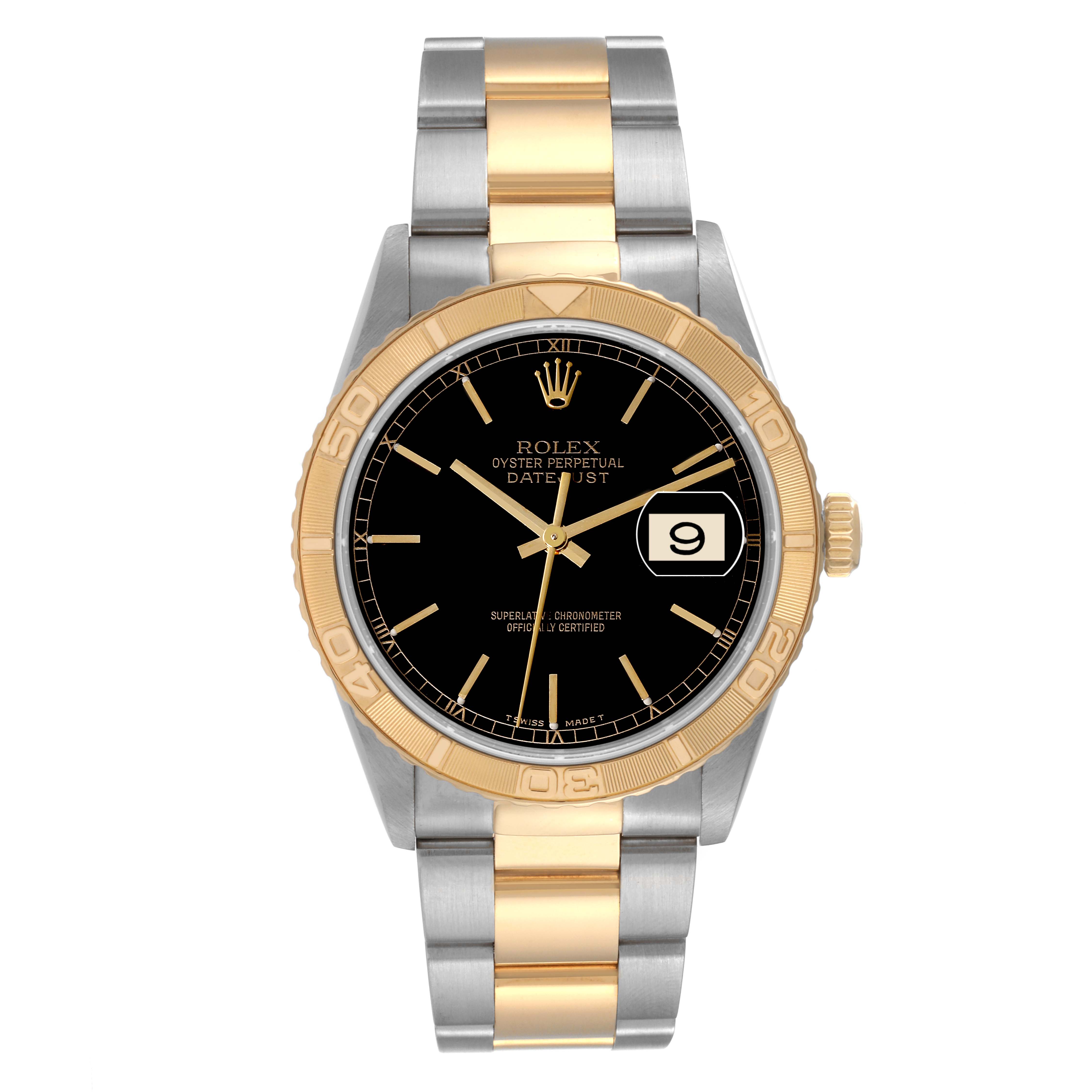 This image shows a Rolex Turn-o-Graph 16263 Men
s Steel and Gold (two tone) Black Dial 16263 Men
s Steel and Gold (two tone) Black Dial watch from a front angle, displaying the dial, bezel, crown, and bracelet.
