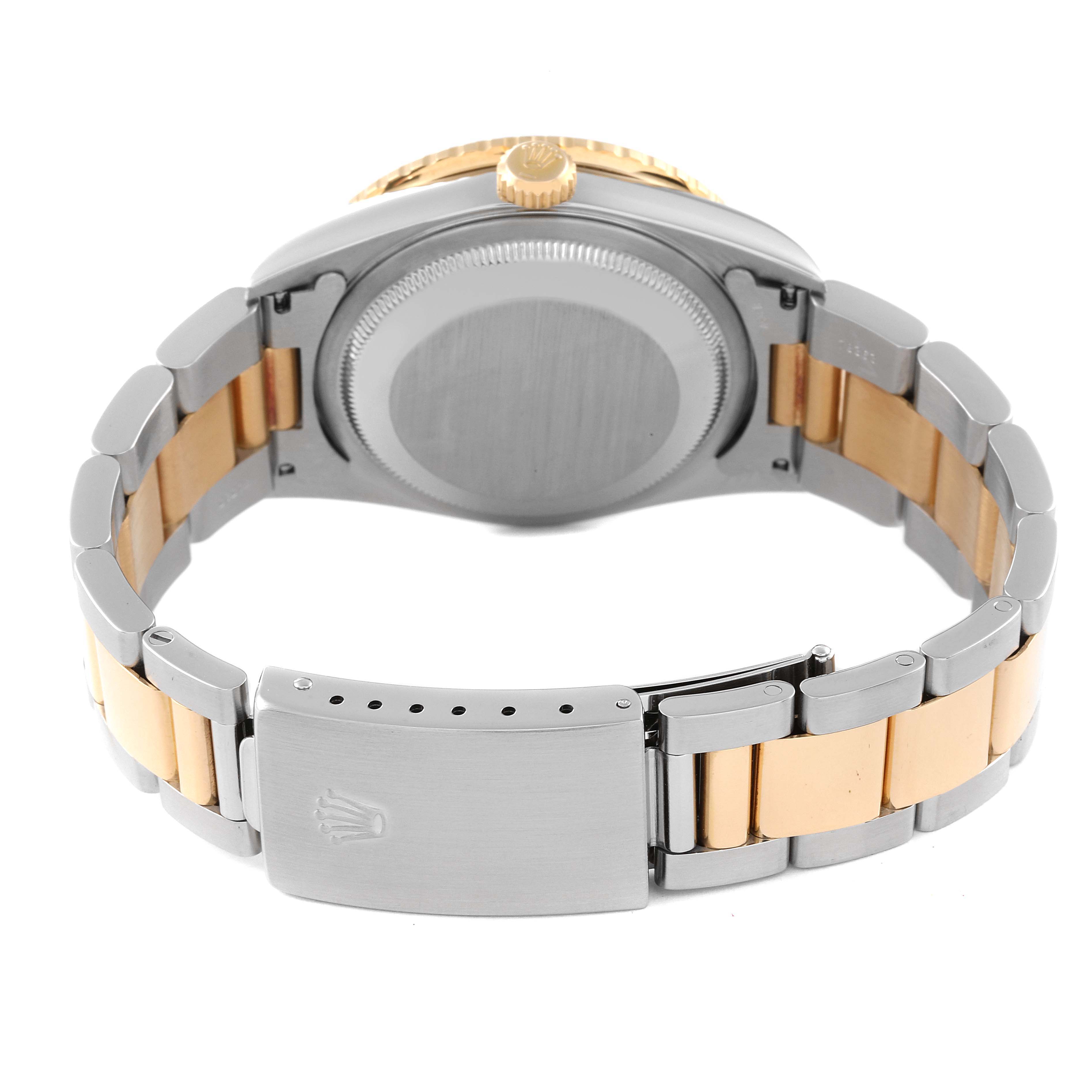 The image shows the back view of the Rolex Turn-o-Graph 16263 Men
s Steel and Gold (two tone) Black Dial 16263 Men
s Steel and Gold (two tone) Black Dial watch, highlighting the clasp, bracelet, and case back.