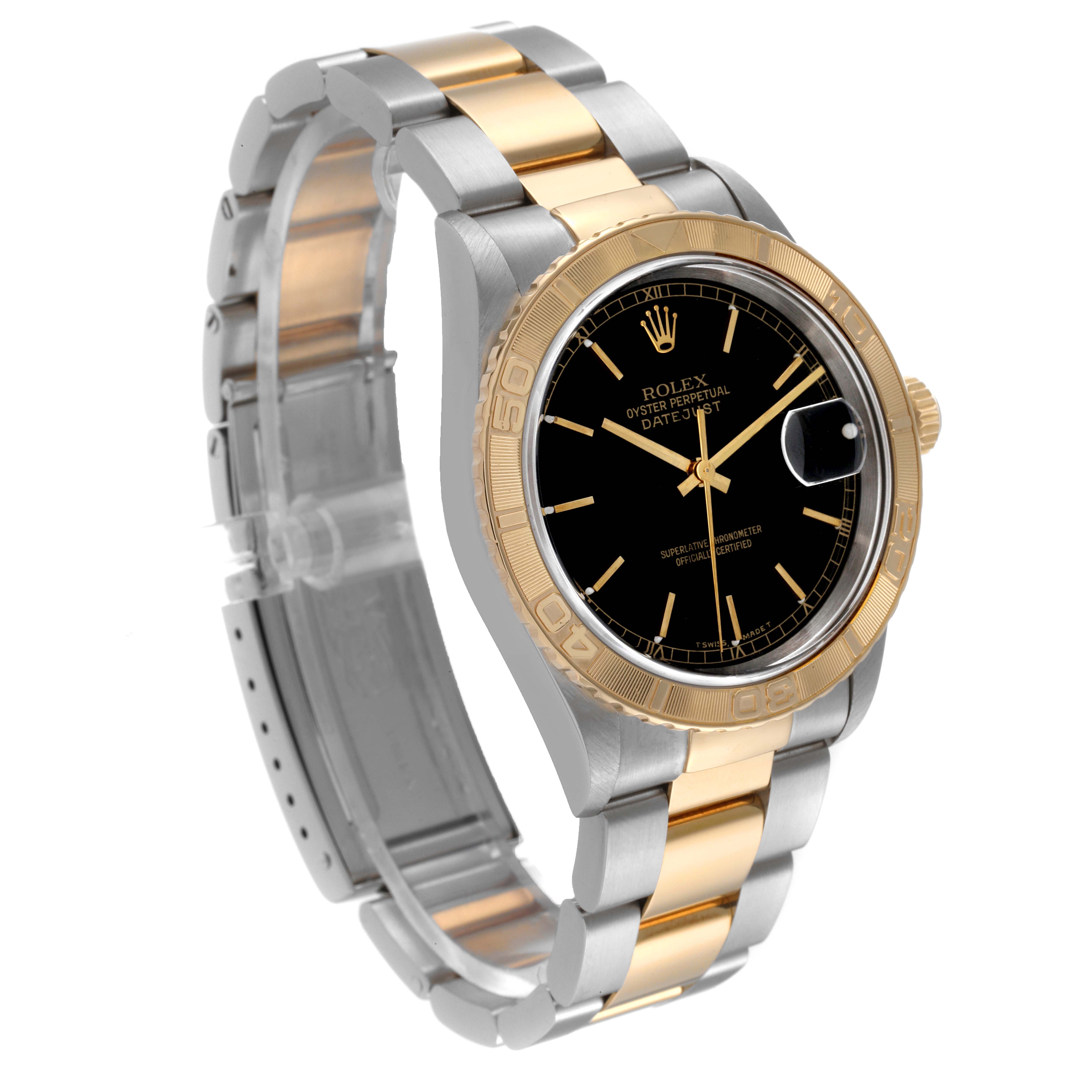 This image shows a Rolex Turn-o-Graph 16263 Men
s Steel and Gold (two tone) Black Dial 16263 Men
s Steel and Gold (two tone) Black Dial watch angled to display its face, bezel, and bracelet.