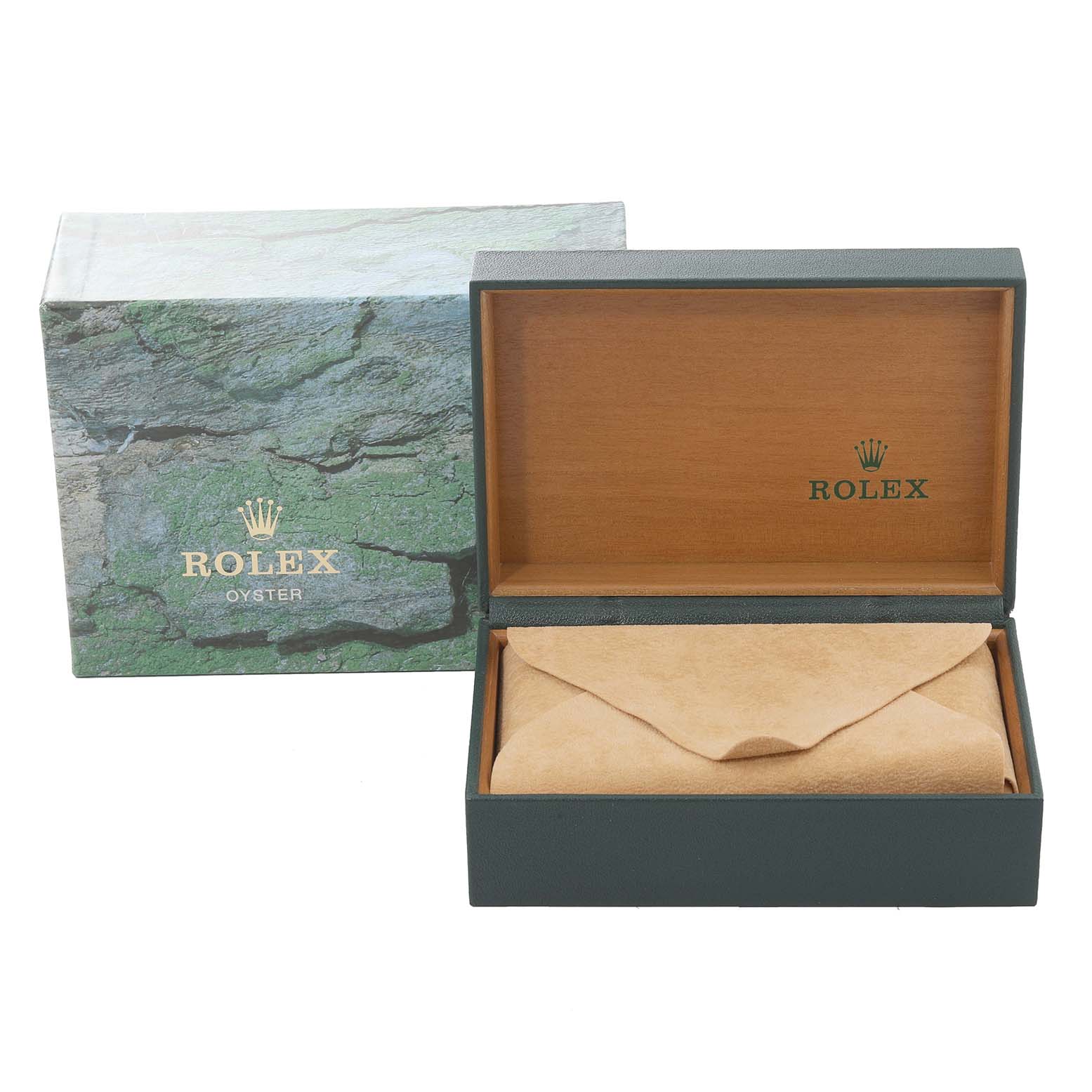 The image shows a Rolex Turn-o-Graph 16263 Men
s Steel and Gold (two tone) Black Dial 16263 Men
s Steel and Gold (two tone) Black Dial watch box, including its outer green box, wooden inner box, and a protective pouch.