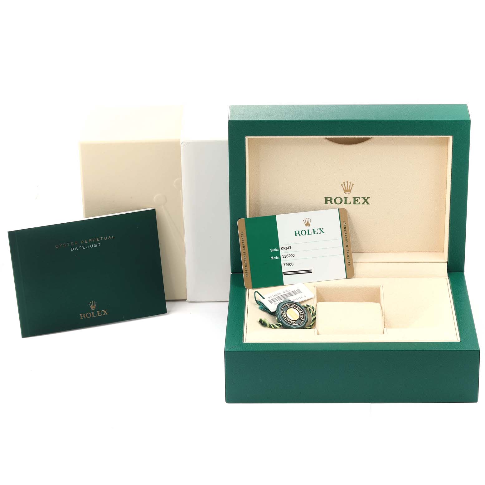 The image shows an open Rolex Datejust 116200 Men's Stainless Steel White Dial 116200 Men's Stainless Steel White Dial box with papers, warranty card, and hang tags, viewed from the front.