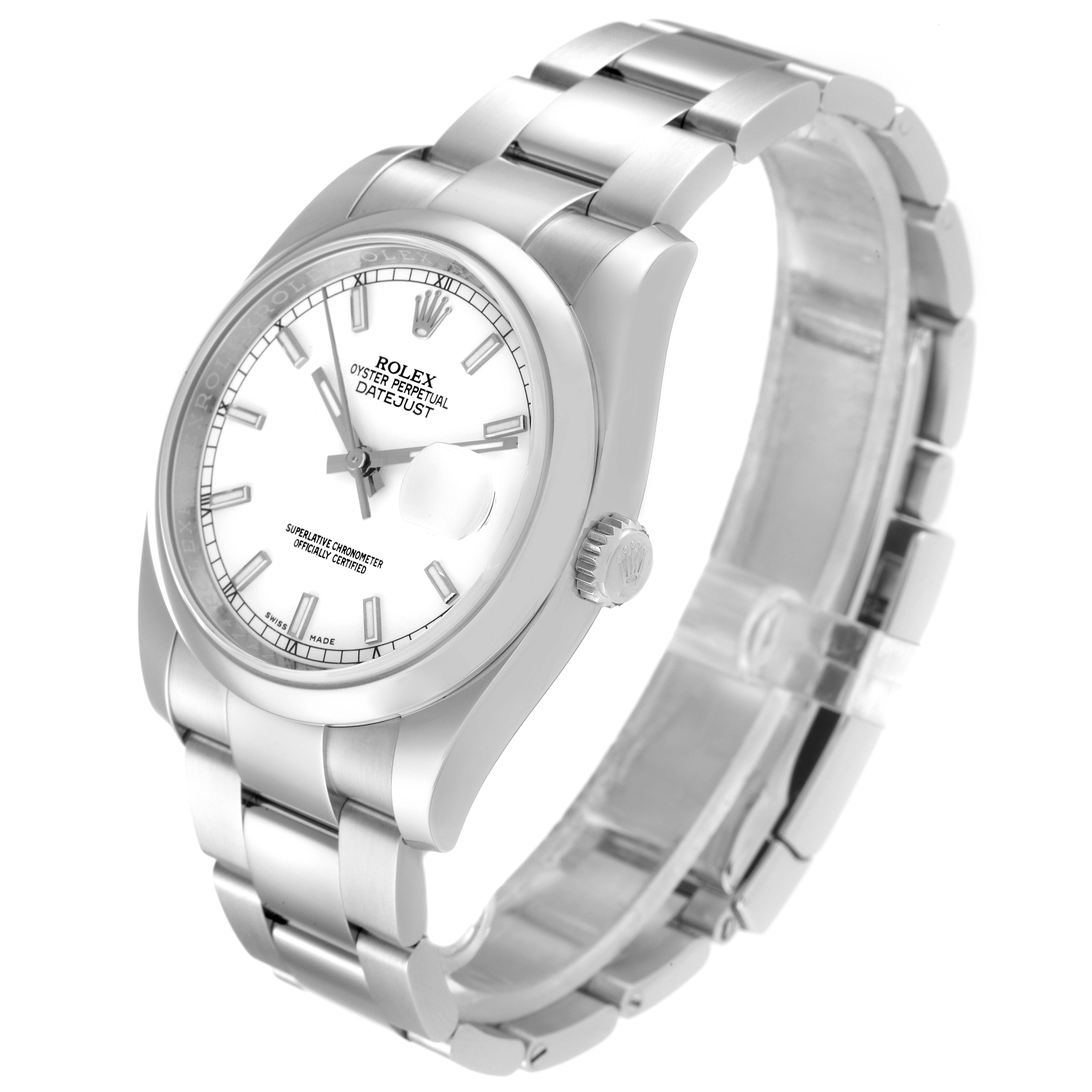 The Rolex Datejust 116200 Men's Stainless Steel White Dial 116200 Men's Stainless Steel White Dial watch is shown from a side angle, displaying the face, bezel, crown, and bracelet.