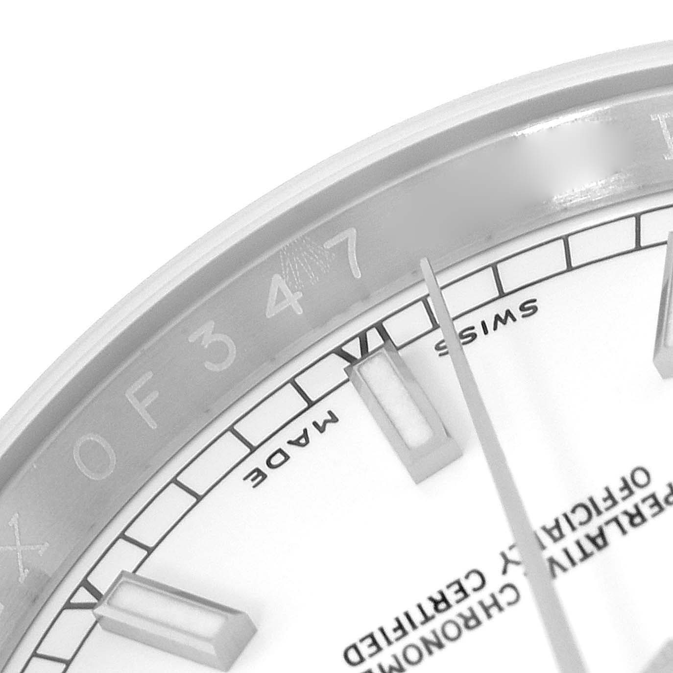 The image shows a close-up of the dial and bezel with the "Swiss Made" text of a Rolex Datejust 116200 Men's Stainless Steel White Dial 116200 Men's Stainless Steel White Dial watch.