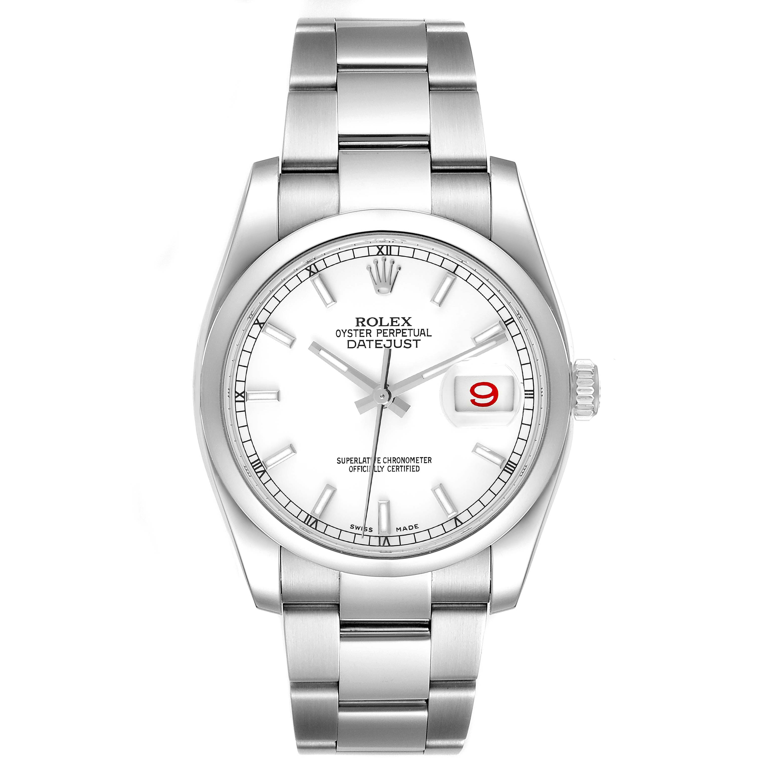 The image shows a frontal view of a Rolex Datejust 116200 Men's Stainless Steel White Dial 116200 Men's Stainless Steel White Dial watch, displaying its dial, bracelet, and date window.