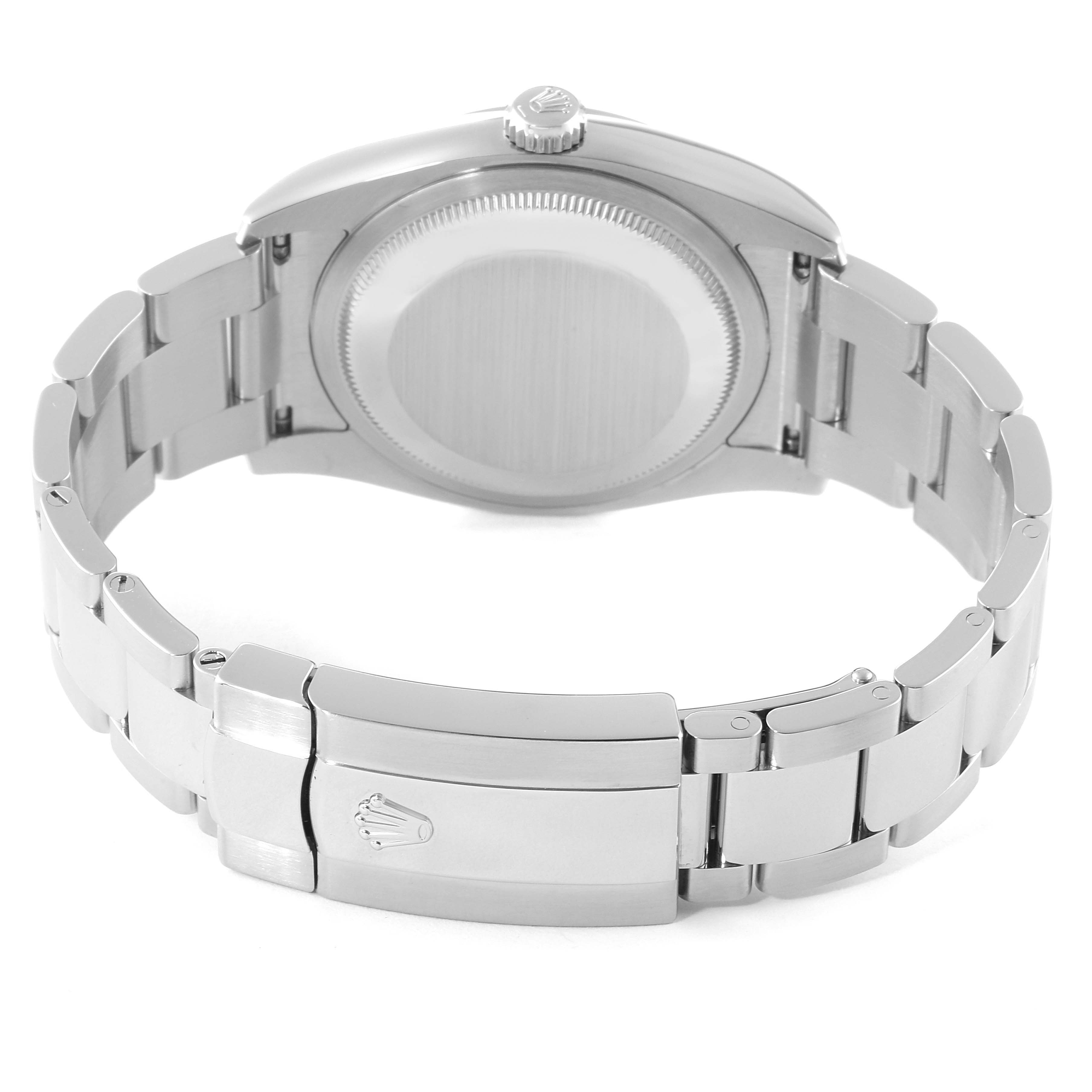 This image shows the back view of a Rolex Datejust 116200 Men's Stainless Steel White Dial 116200 Men's Stainless Steel White Dial watch, highlighting the case back and the clasp of the metal bracelet.